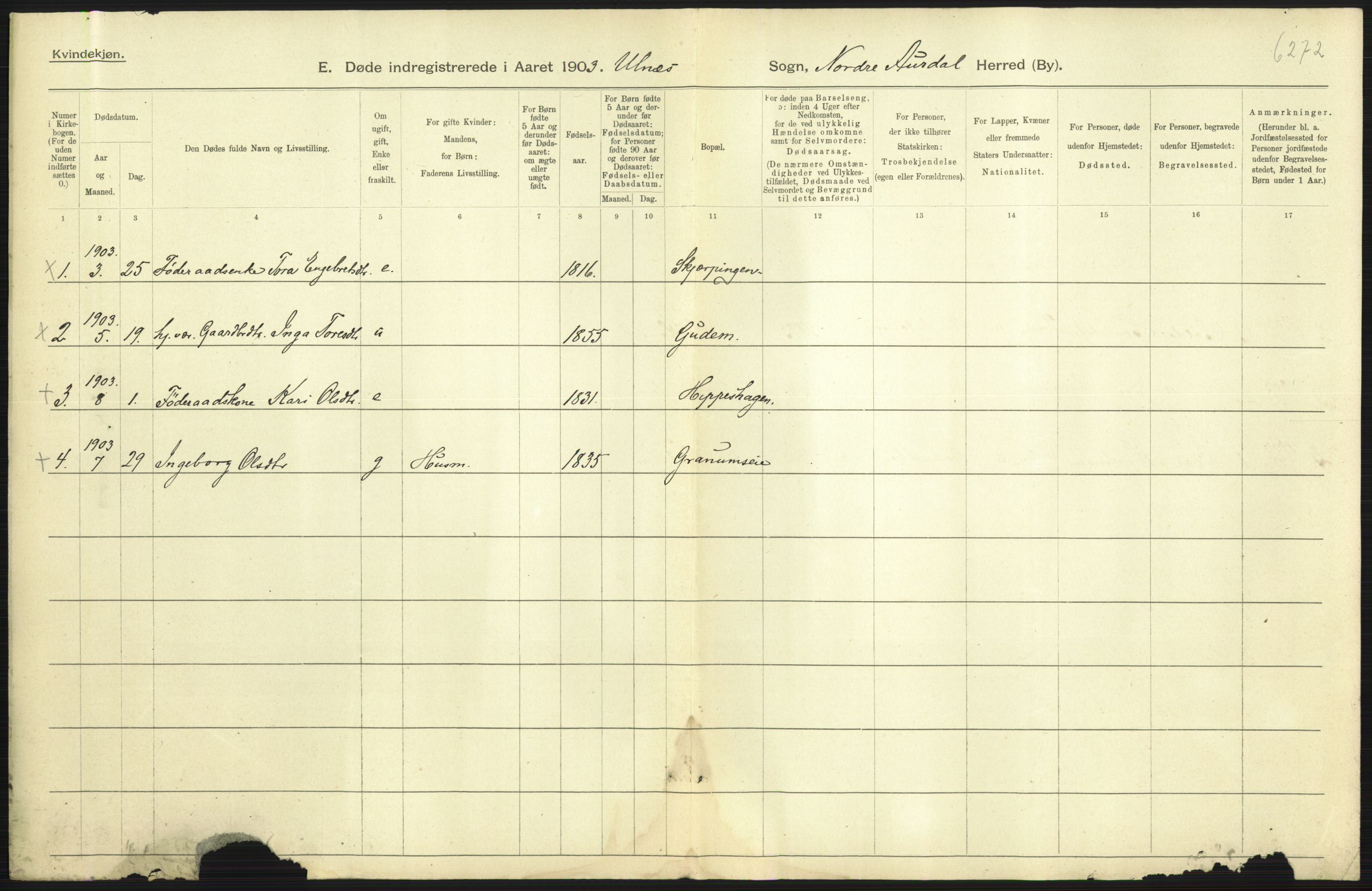 Statistisk sentralbyrå, Sosiodemografiske emner, Befolkning, AV/RA-S-2228/D/Df/Dfa/Dfaa/L0006: Kristians amt: Fødte, gifte, døde, 1903, p. 623