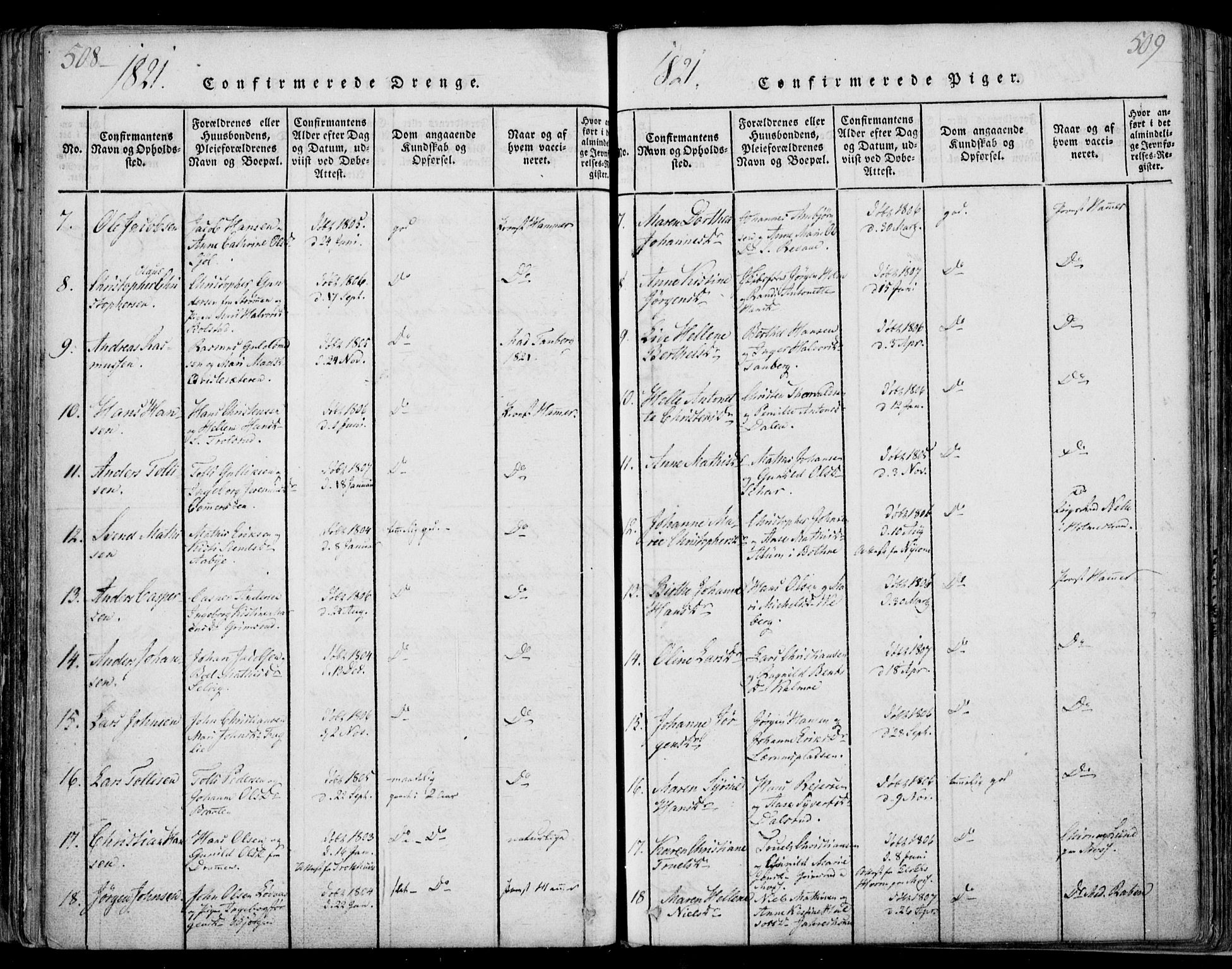Sande Kirkebøker, SAKO/A-53/F/Fa/L0003: Parish register (official) no. 3, 1814-1847, p. 508-509