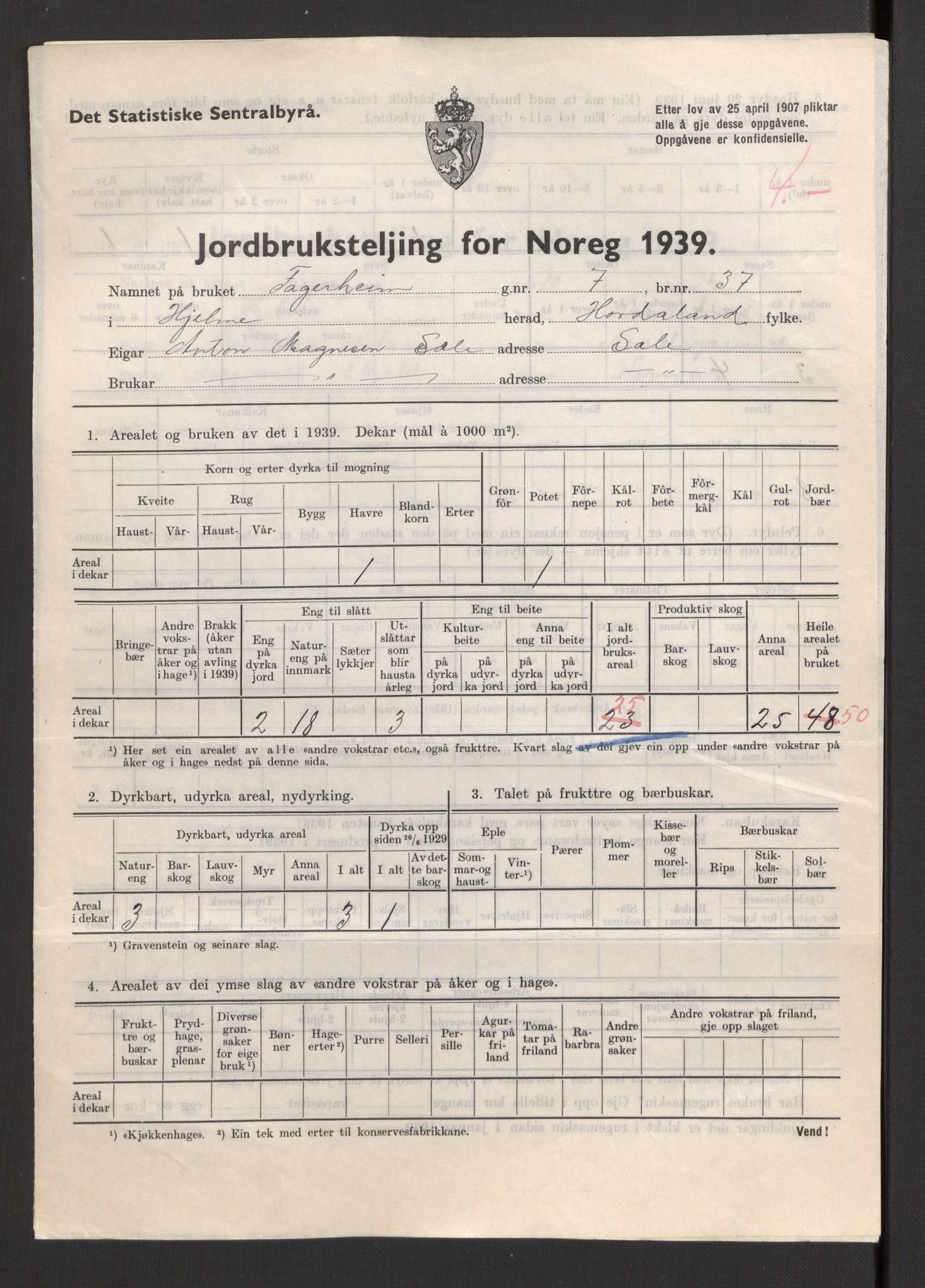 Statistisk sentralbyrå, Næringsøkonomiske emner, Jordbruk, skogbruk, jakt, fiske og fangst, AV/RA-S-2234/G/Gb/L0211: Hordaland: Herdla, Hjelme og Manger, 1939, p. 1385