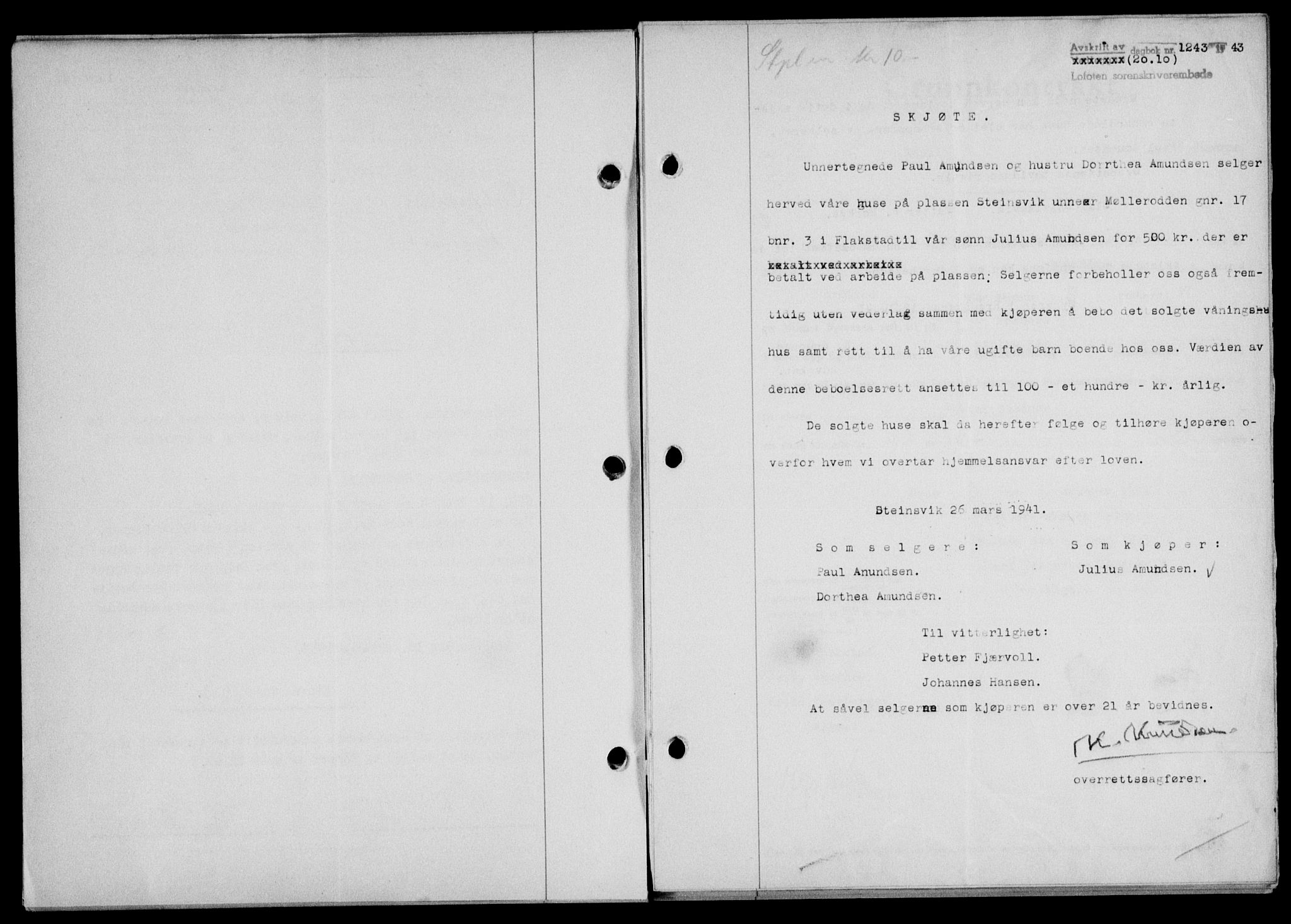 Lofoten sorenskriveri, SAT/A-0017/1/2/2C/L0011a: Mortgage book no. 11a, 1943-1943, Diary no: : 1243/1943