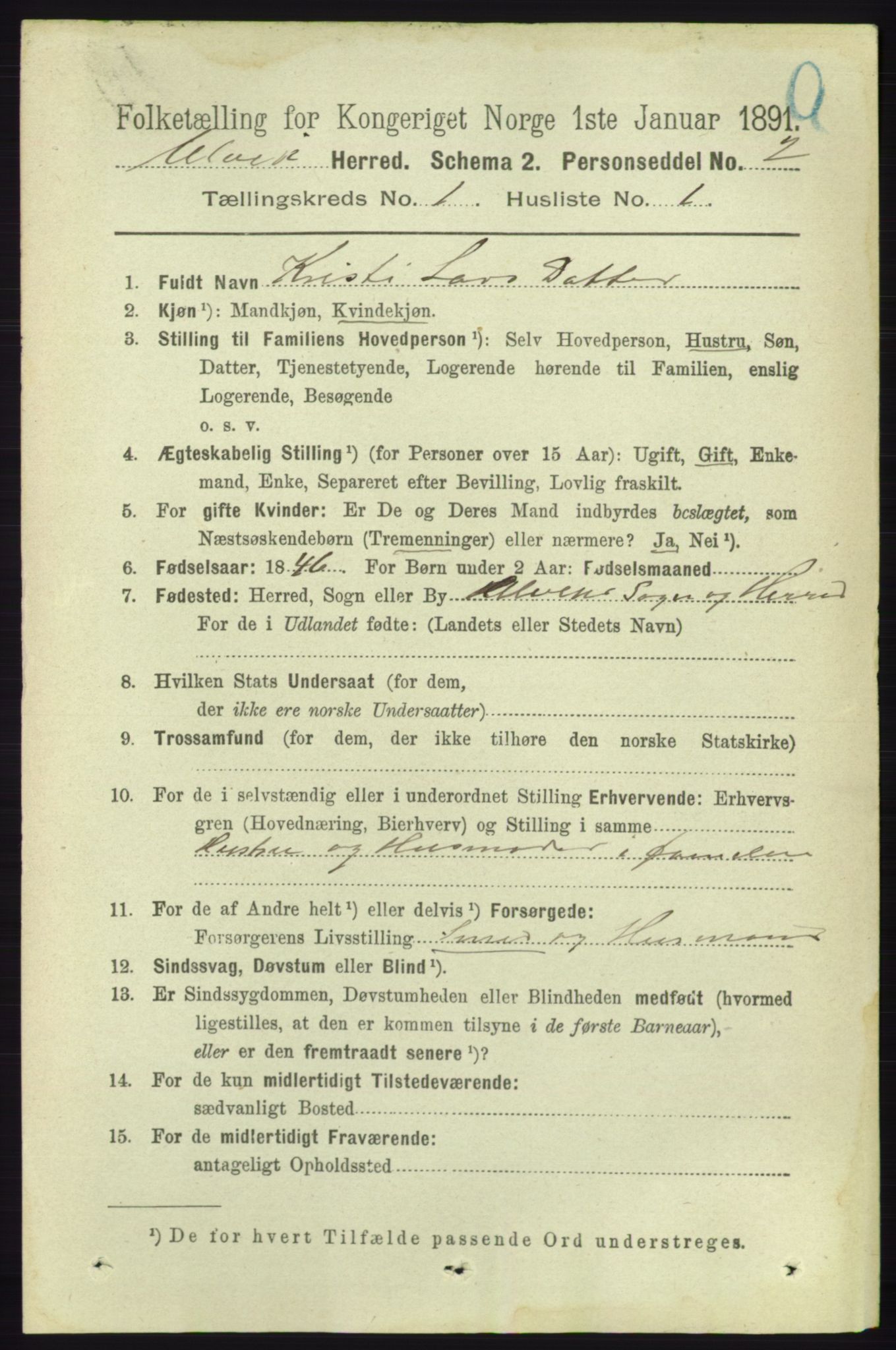 RA, 1891 census for 1233 Ulvik, 1891, p. 69