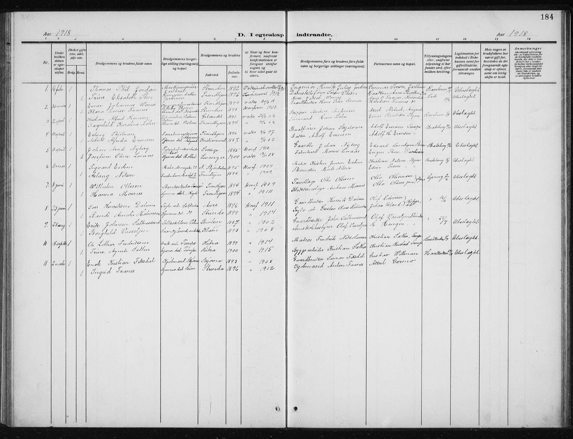 Ministerialprotokoller, klokkerbøker og fødselsregistre - Sør-Trøndelag, SAT/A-1456/606/L0314: Parish register (copy) no. 606C10, 1911-1937, p. 184