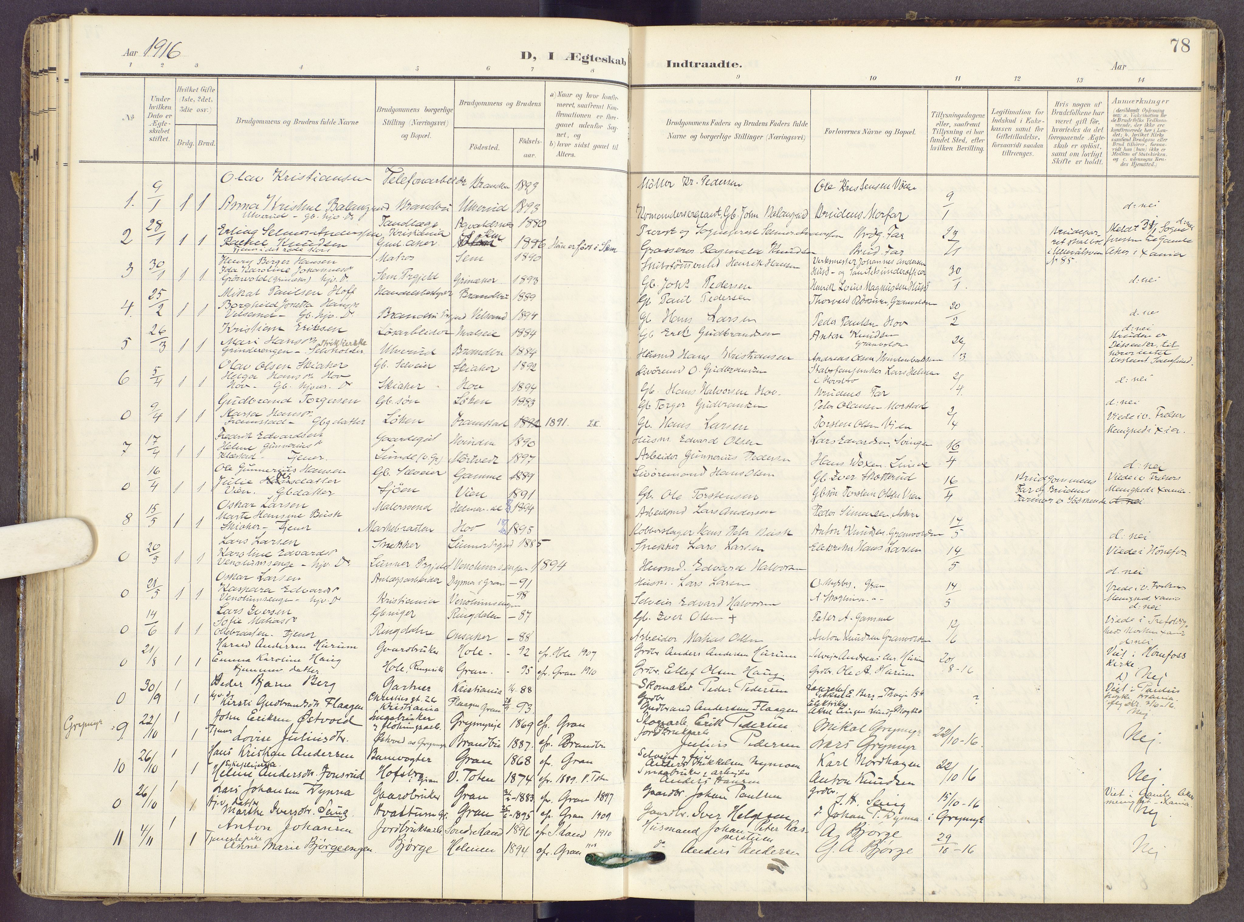 Gran prestekontor, SAH/PREST-112/H/Ha/Haa/L0022: Parish register (official) no. 22, 1908-1918, p. 78