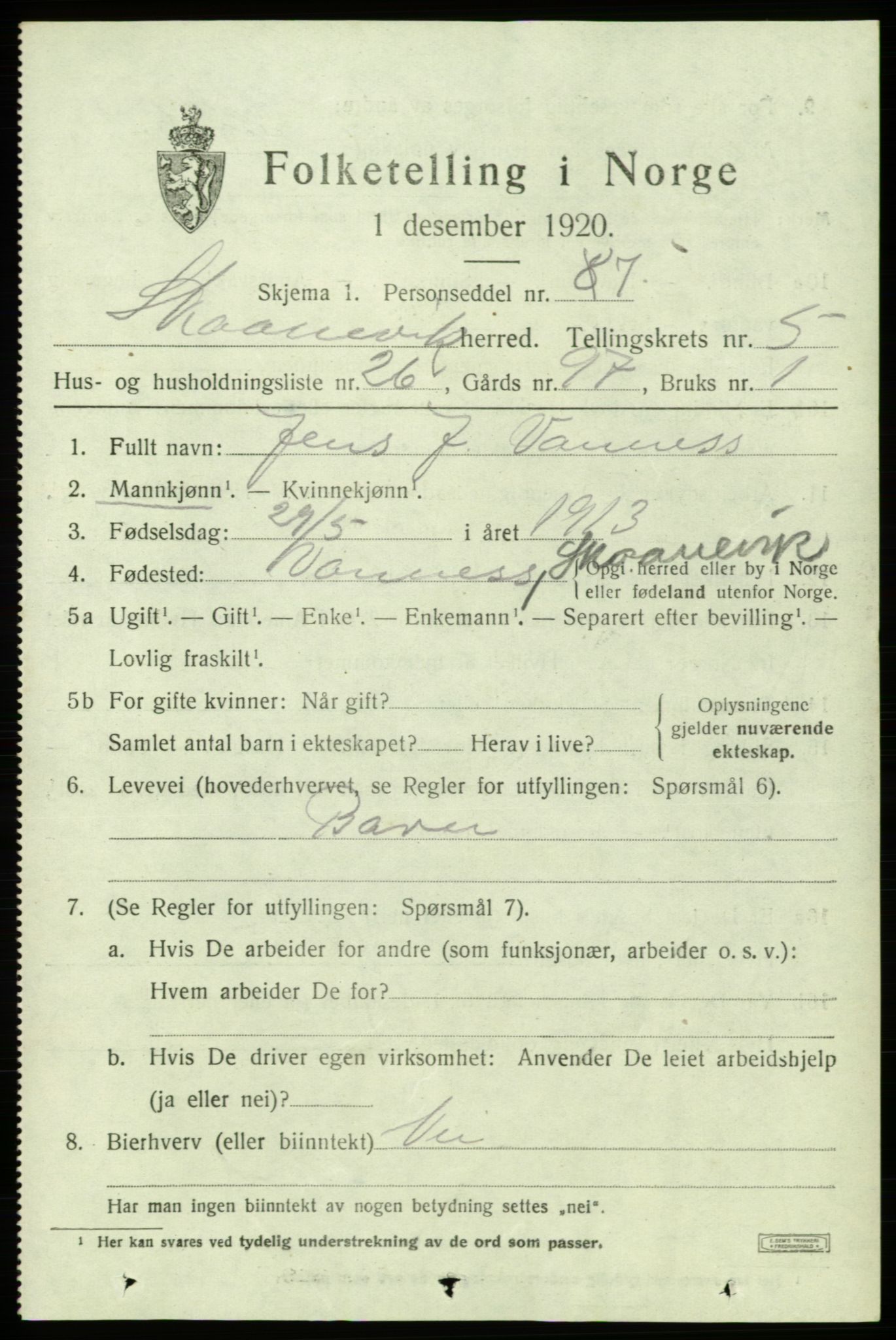 SAB, 1920 census for Skånevik, 1920, p. 4057