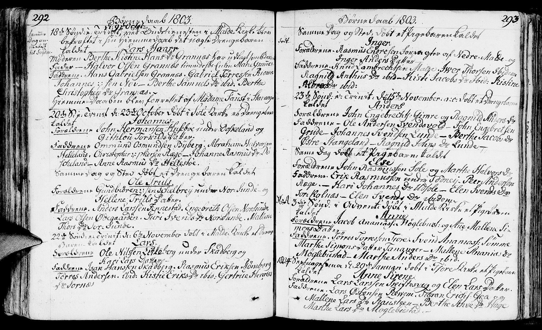 Håland sokneprestkontor, SAST/A-101802/001/30BA/L0003: Parish register (official) no. A 3, 1794-1815, p. 292-293