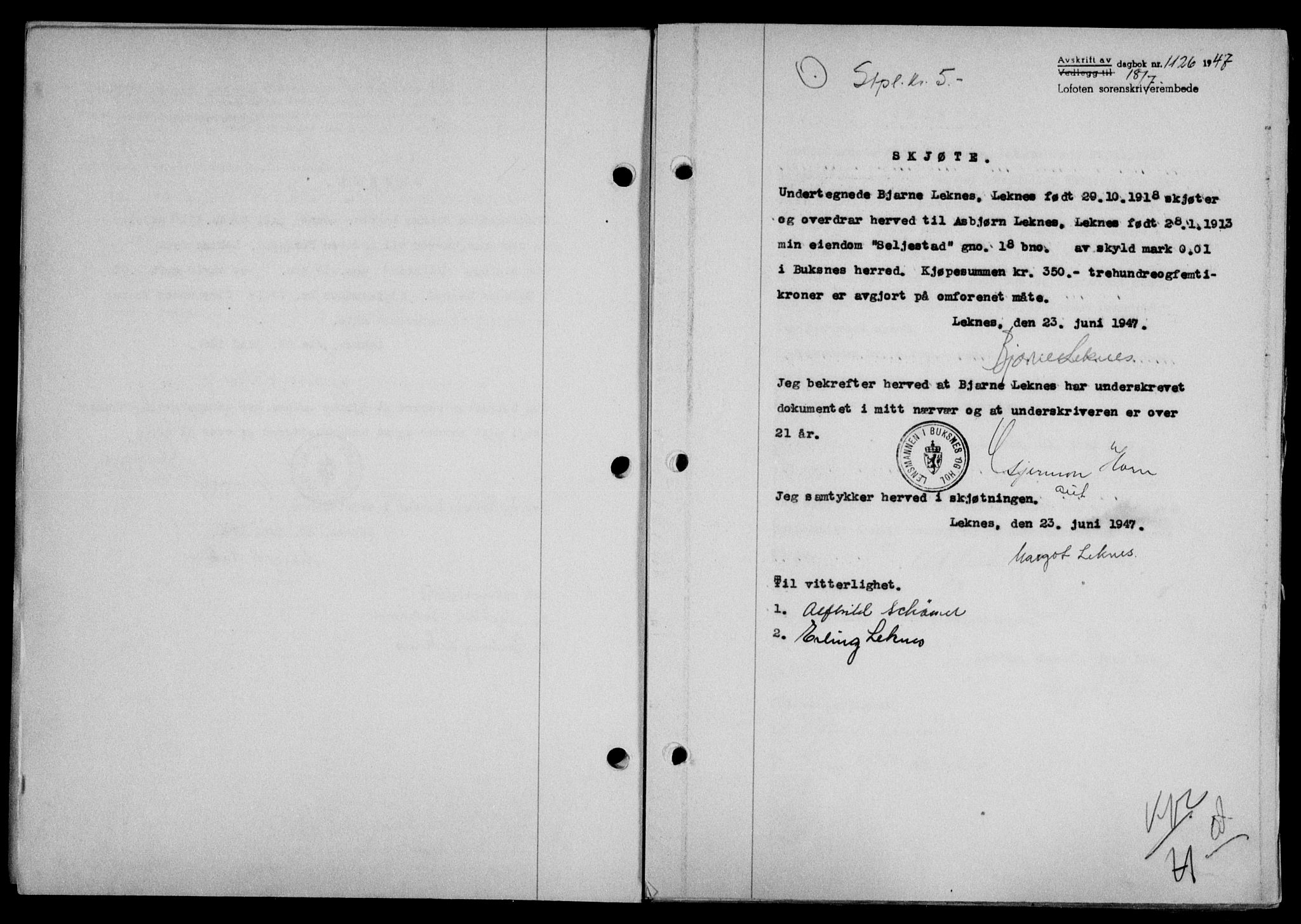 Lofoten sorenskriveri, SAT/A-0017/1/2/2C/L0016a: Mortgage book no. 16a, 1947-1947, Diary no: : 1126/1947