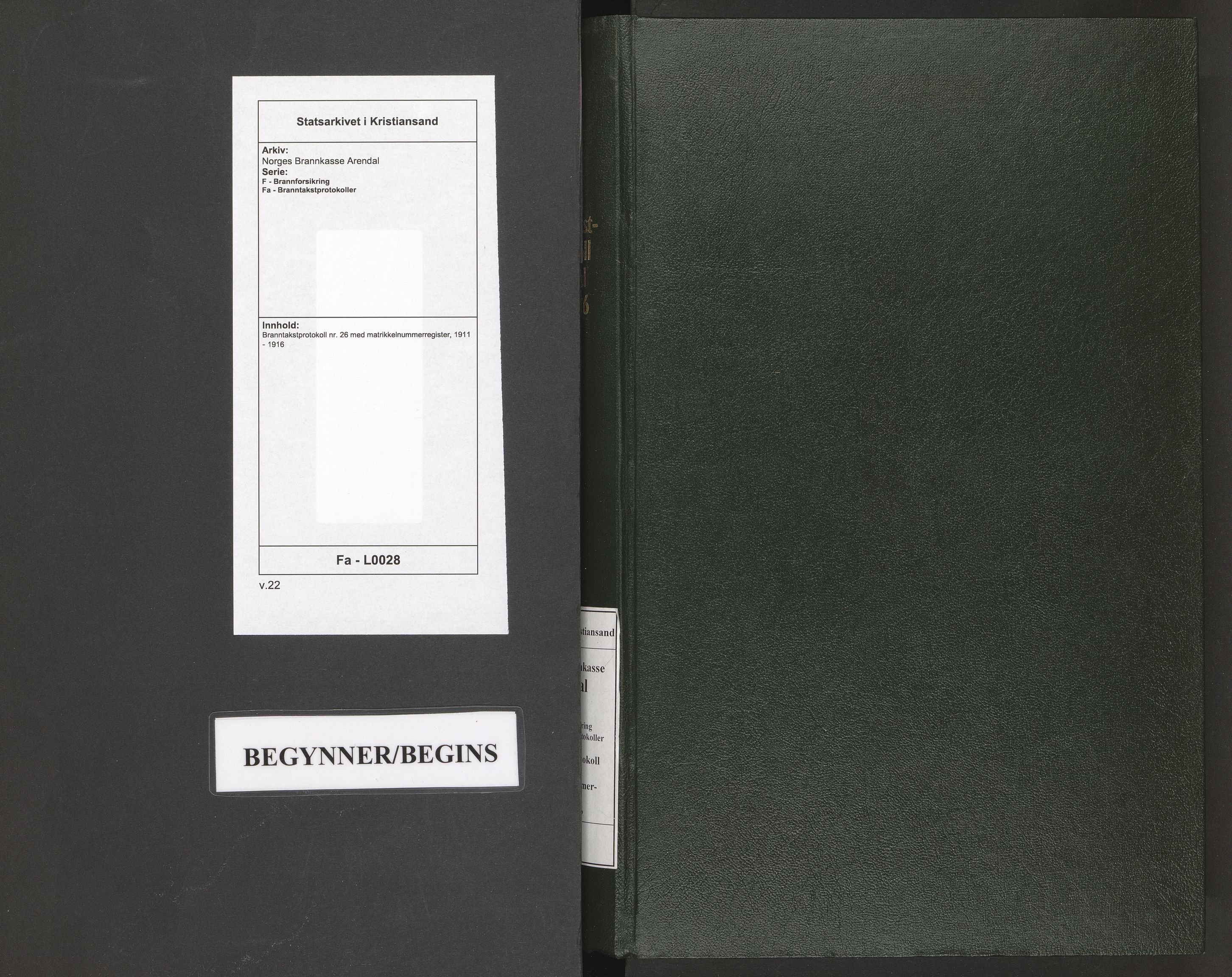 Norges Brannkasse Arendal, SAK/2241-0002/F/Fa/L0028: Branntakstprotokoll nr. 26 med matrikkelnummerregister, 1911-1916