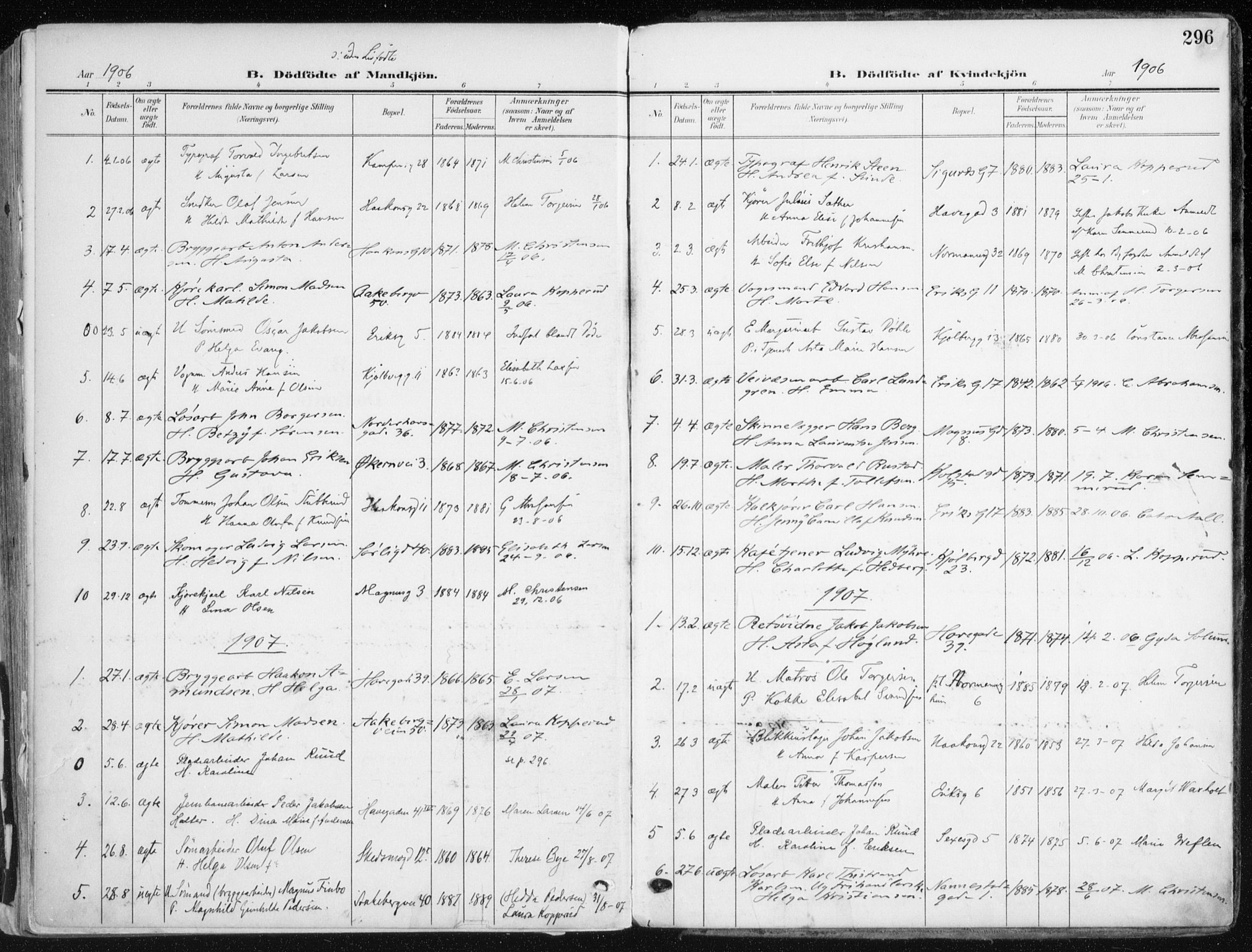 Kampen prestekontor Kirkebøker, SAO/A-10853/F/Fa/L0010: Parish register (official) no. I 10, 1905-1917, p. 296