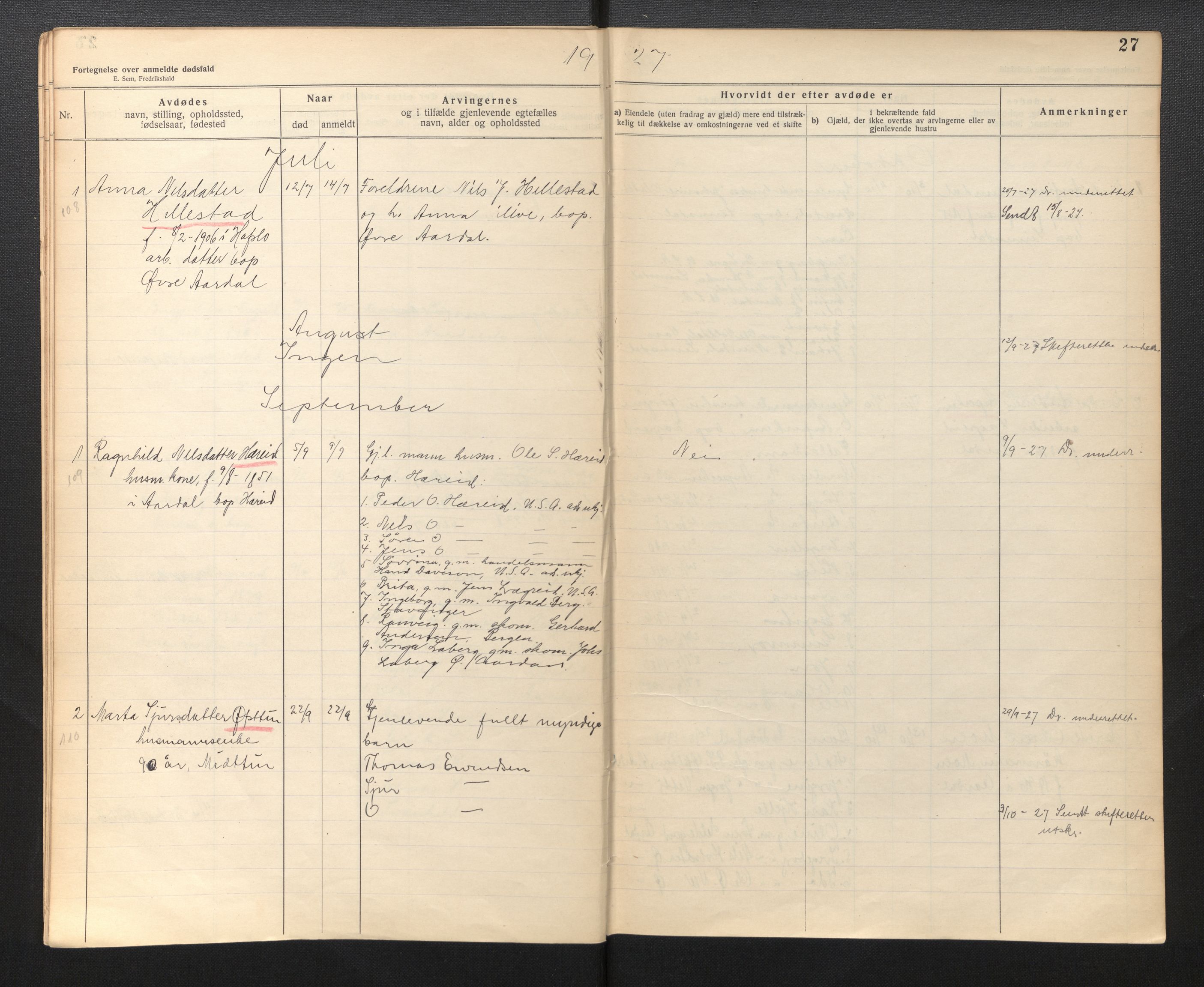 Lensmannen i Årdal, SAB/A-30501/0006/L0002: Dødsfallprotokoll, 1921-1950, p. 27
