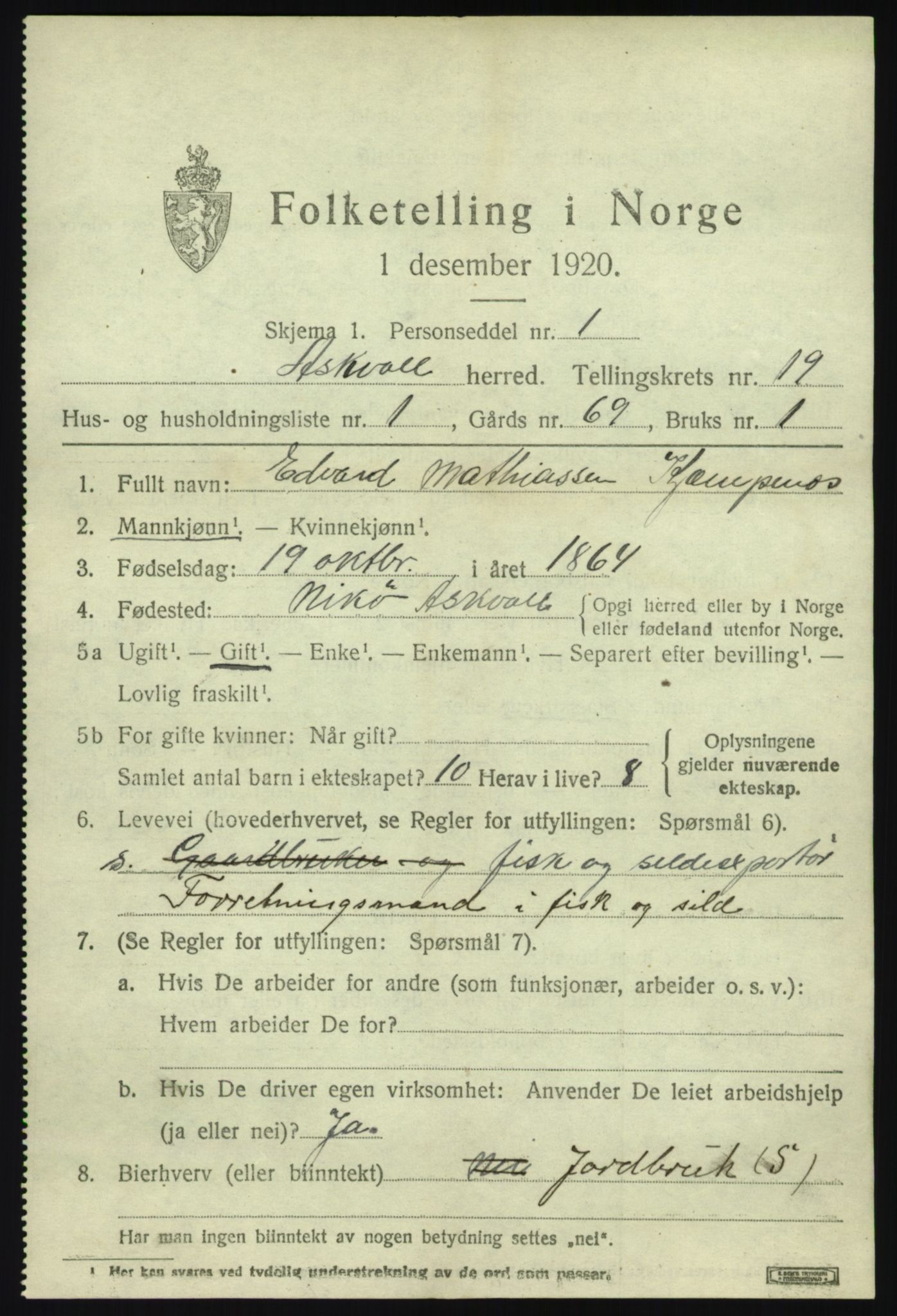 SAB, 1920 census for Askvoll, 1920, p. 6986