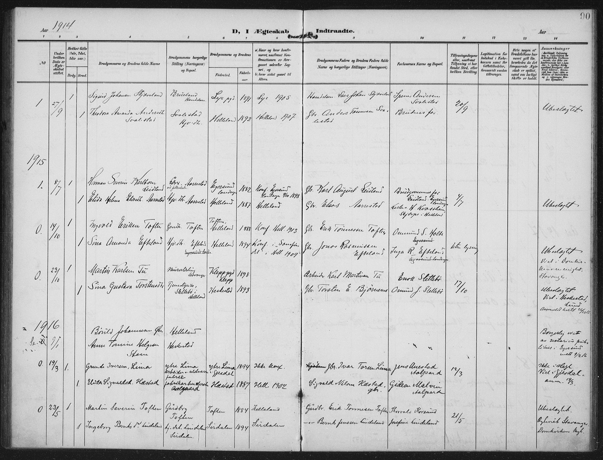 Helleland sokneprestkontor, SAST/A-101810: Parish register (official) no. A 12, 1906-1923, p. 90