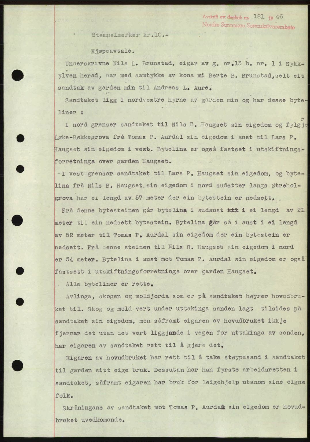 Nordre Sunnmøre sorenskriveri, AV/SAT-A-0006/1/2/2C/2Ca: Mortgage book no. A20b, 1946-1946, Diary no: : 181/1946