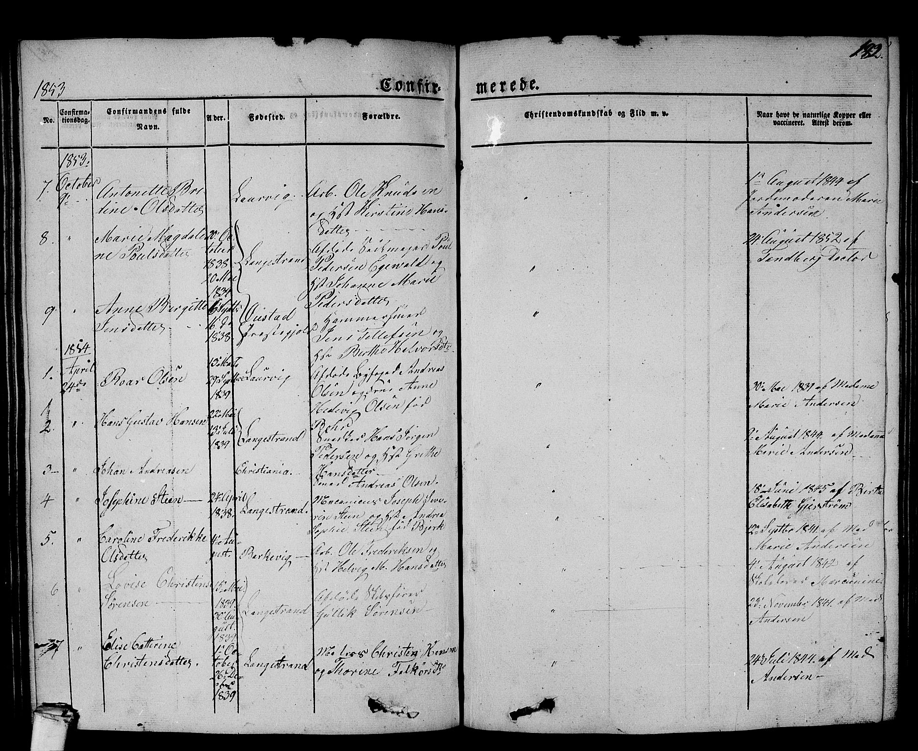 Larvik kirkebøker, SAKO/A-352/G/Gb/L0002: Parish register (copy) no. II 2, 1843-1866, p. 182