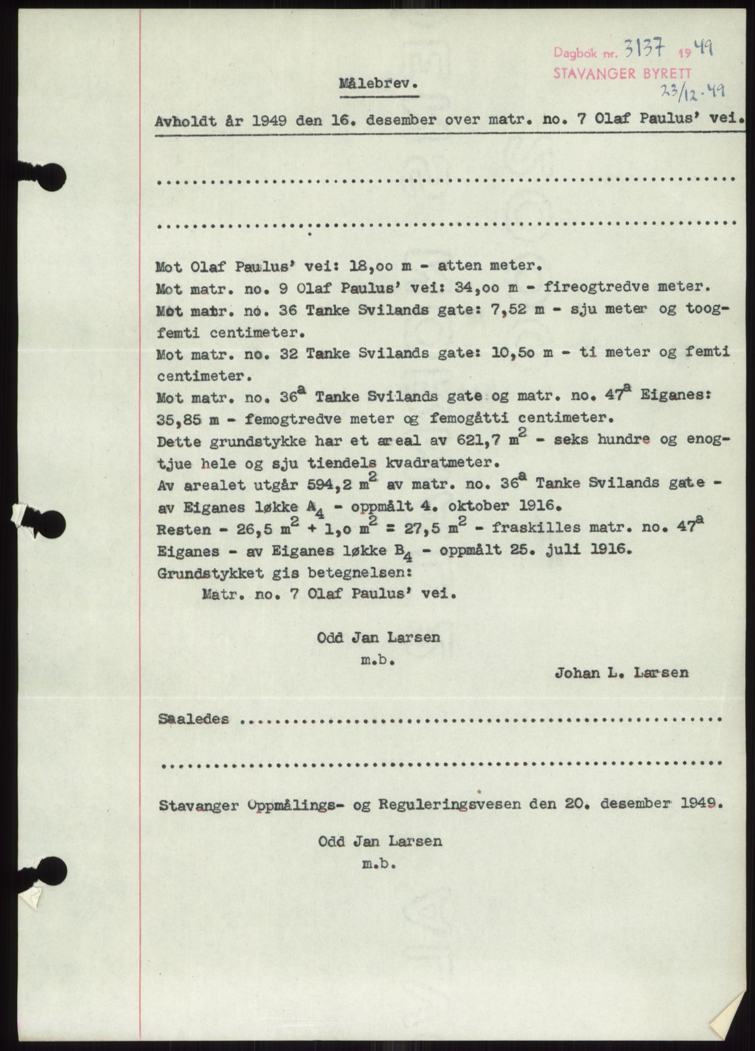 Stavanger byrett, AV/SAST-A-100455/002/G/Gb/L0033: Mortgage book, 1936-1950, Diary no: : 3137/1949