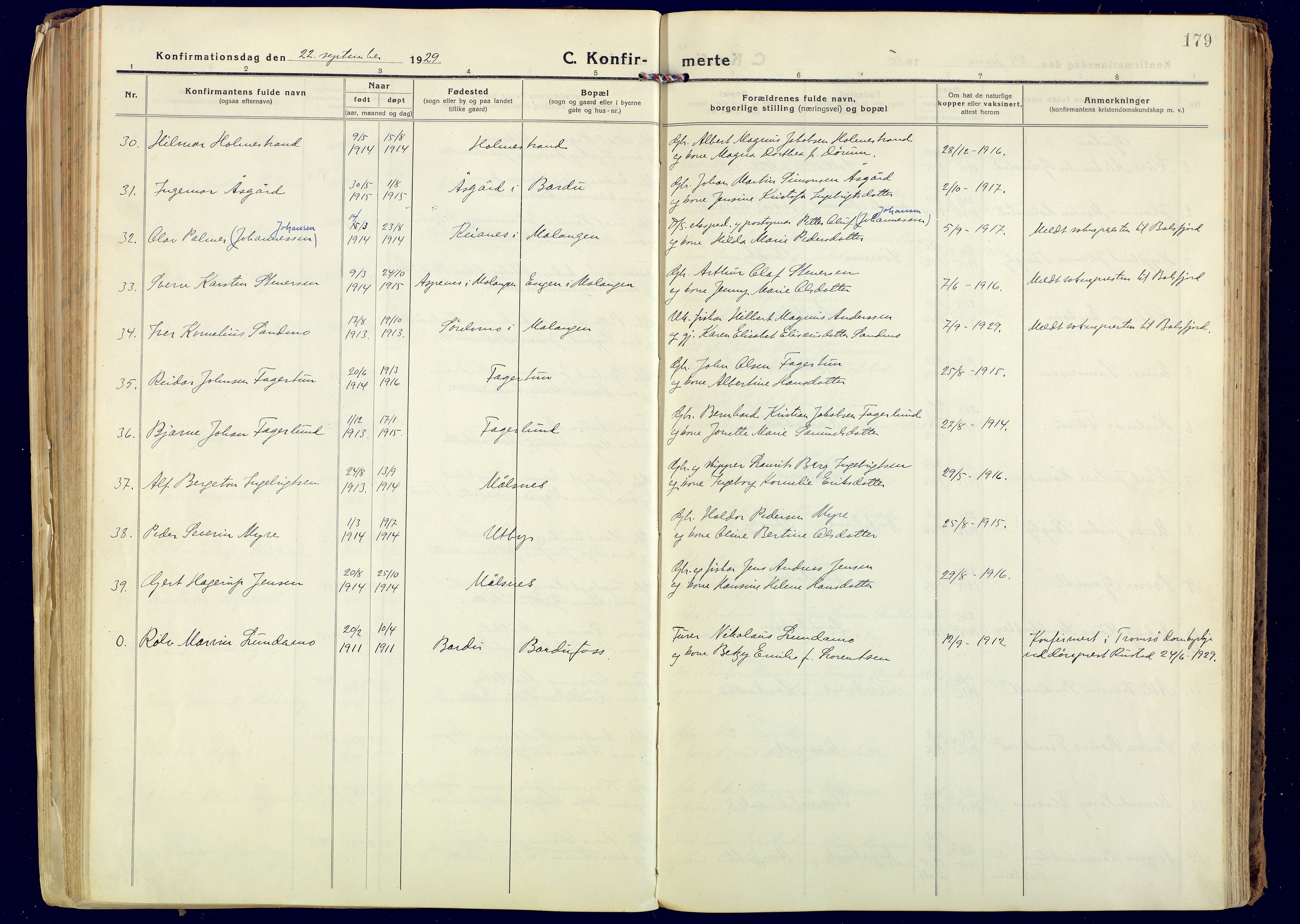 Målselv sokneprestembete, SATØ/S-1311/G/Ga/Gaa/L0014kirke: Parish register (official) no. 14, 1919-1932, p. 179
