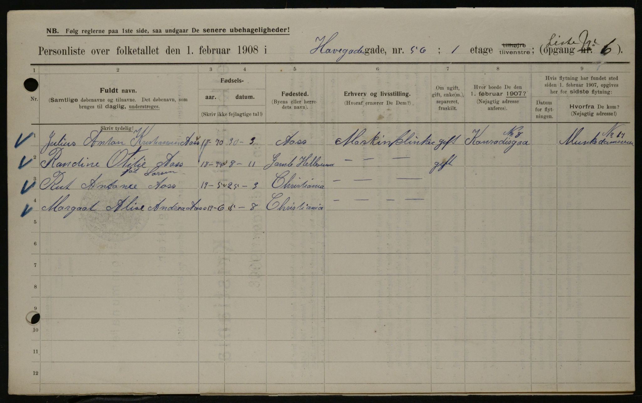 OBA, Municipal Census 1908 for Kristiania, 1908, p. 30710