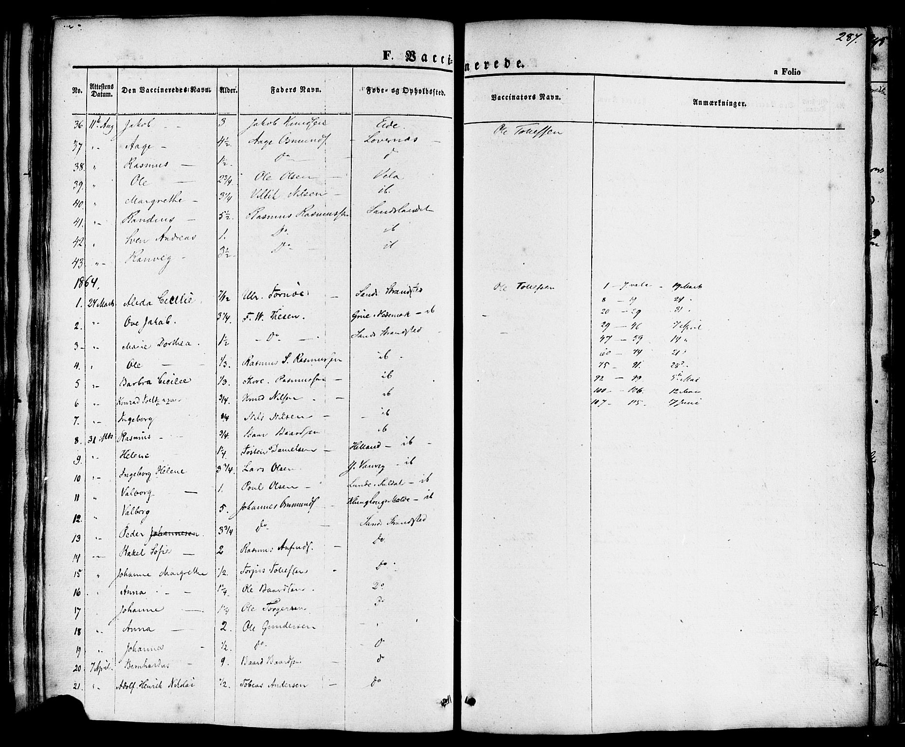 Sand sokneprestkontor, AV/SAST-A-101848/01/III/L0003: Parish register (official) no. A 3, 1854-1879, p. 287