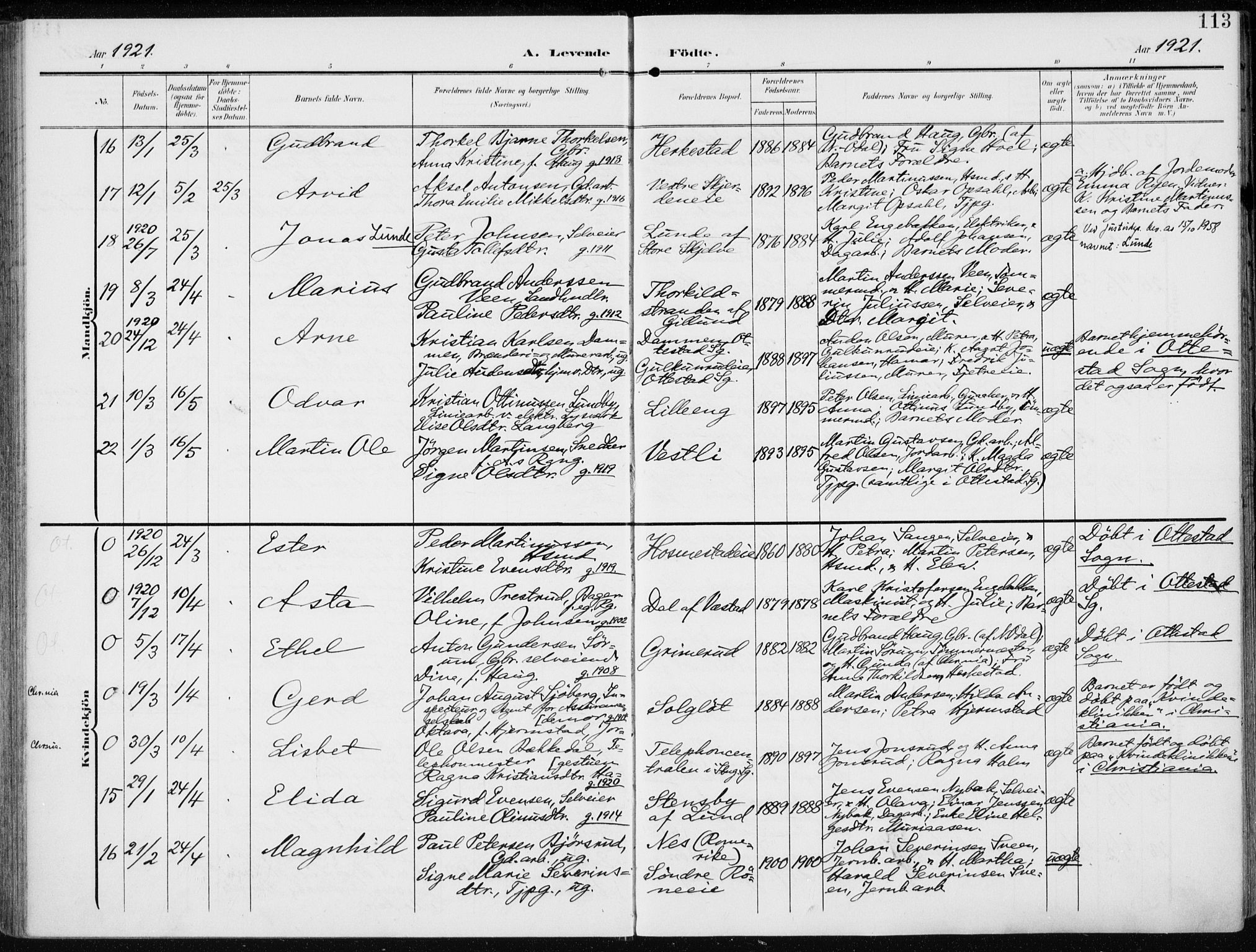 Stange prestekontor, AV/SAH-PREST-002/K/L0024: Parish register (official) no. 24, 1906-1922, p. 113