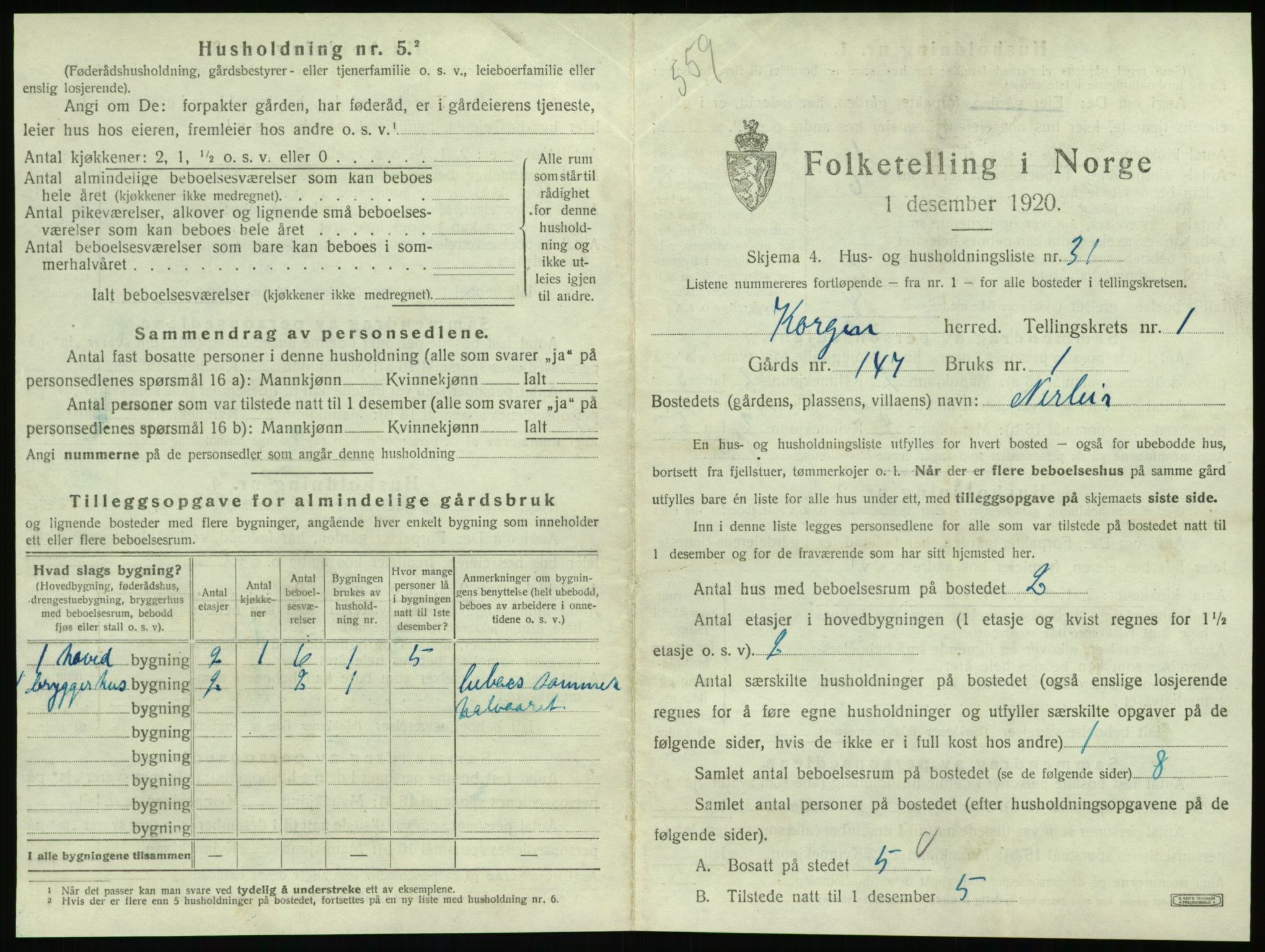 SAT, 1920 census for Korgen, 1920, p. 94