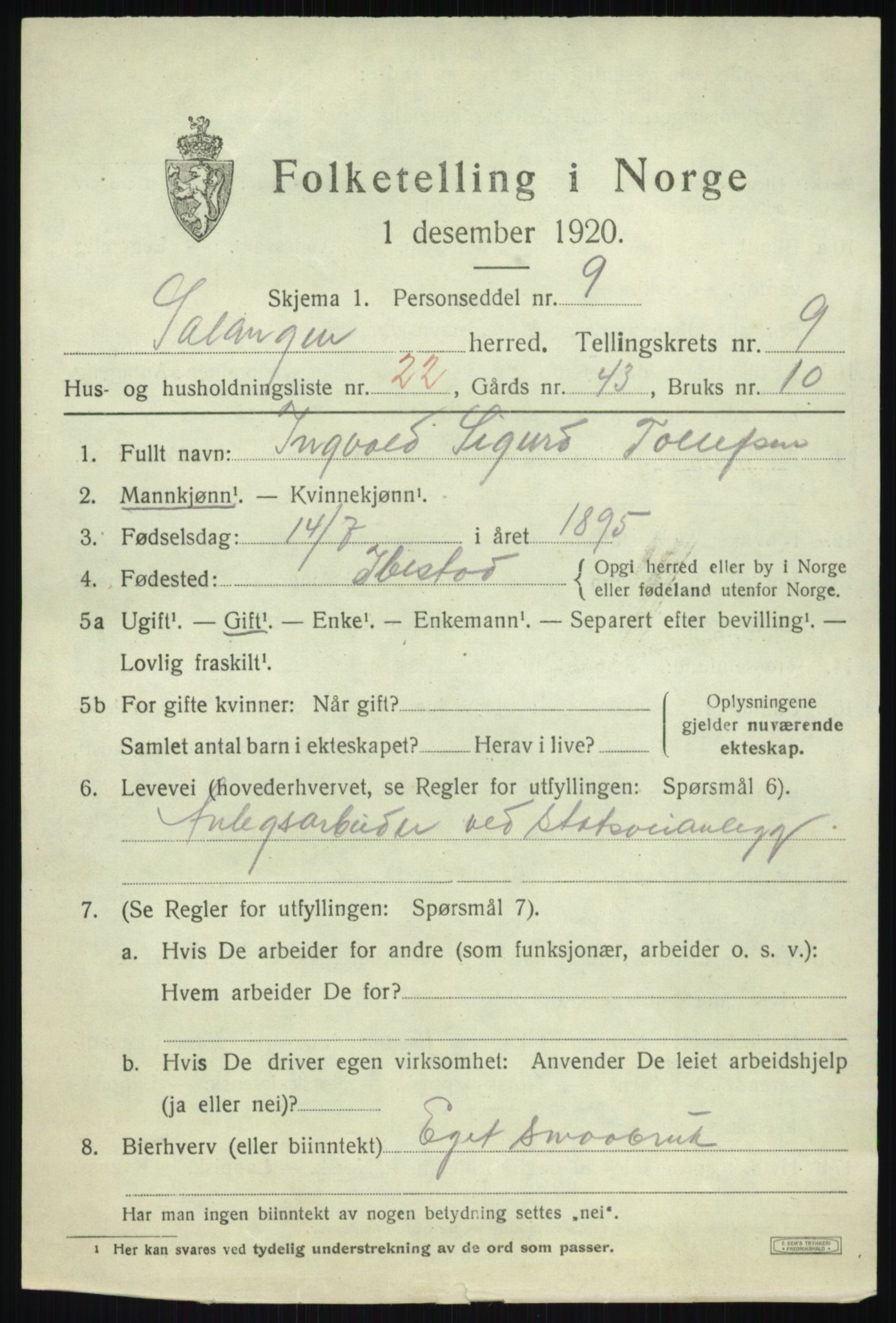 SATØ, 1920 census for Salangen, 1920, p. 5896