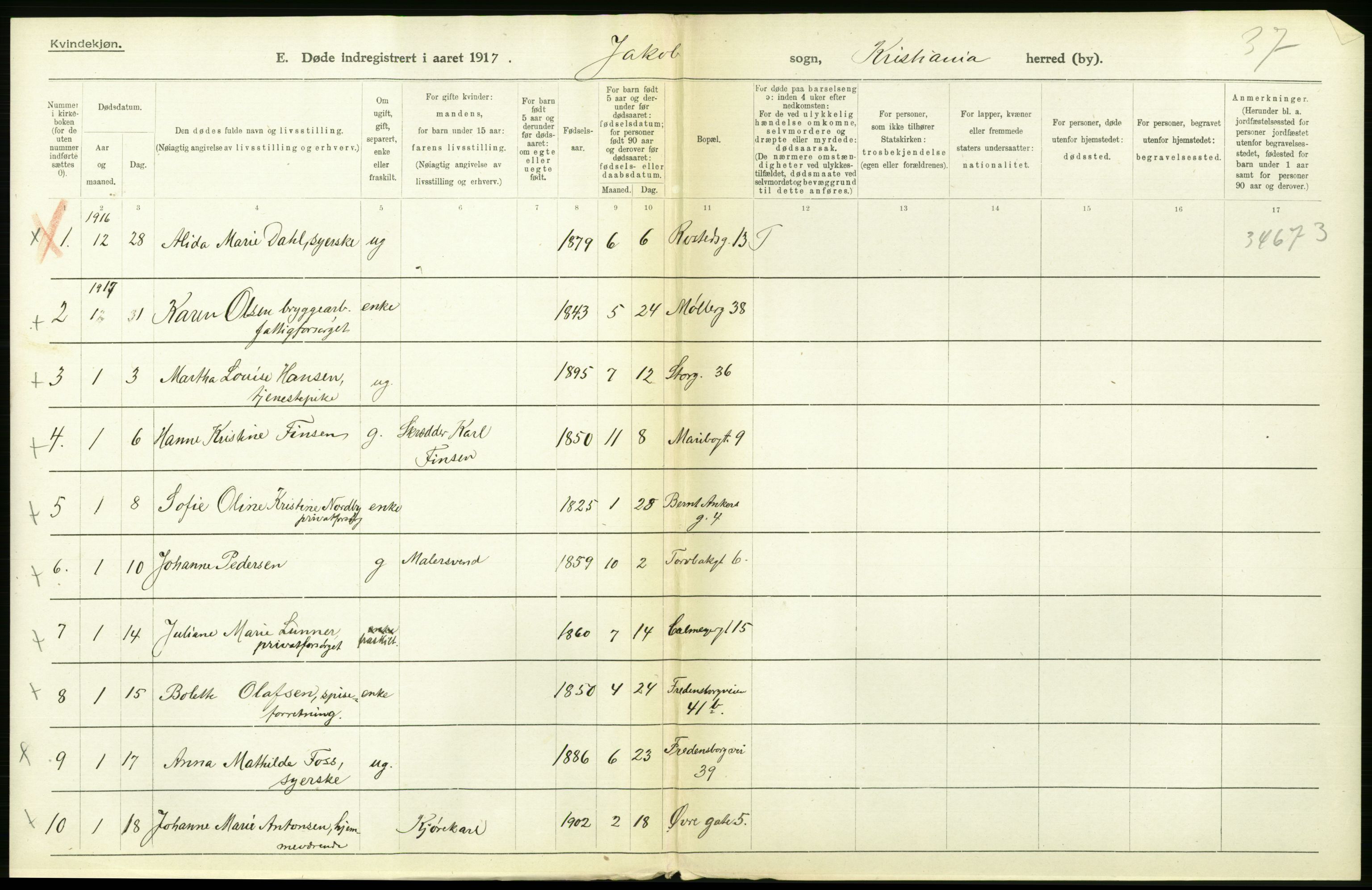 Statistisk sentralbyrå, Sosiodemografiske emner, Befolkning, RA/S-2228/D/Df/Dfb/Dfbg/L0011: Kristiania: Døde, dødfødte., 1917, p. 434