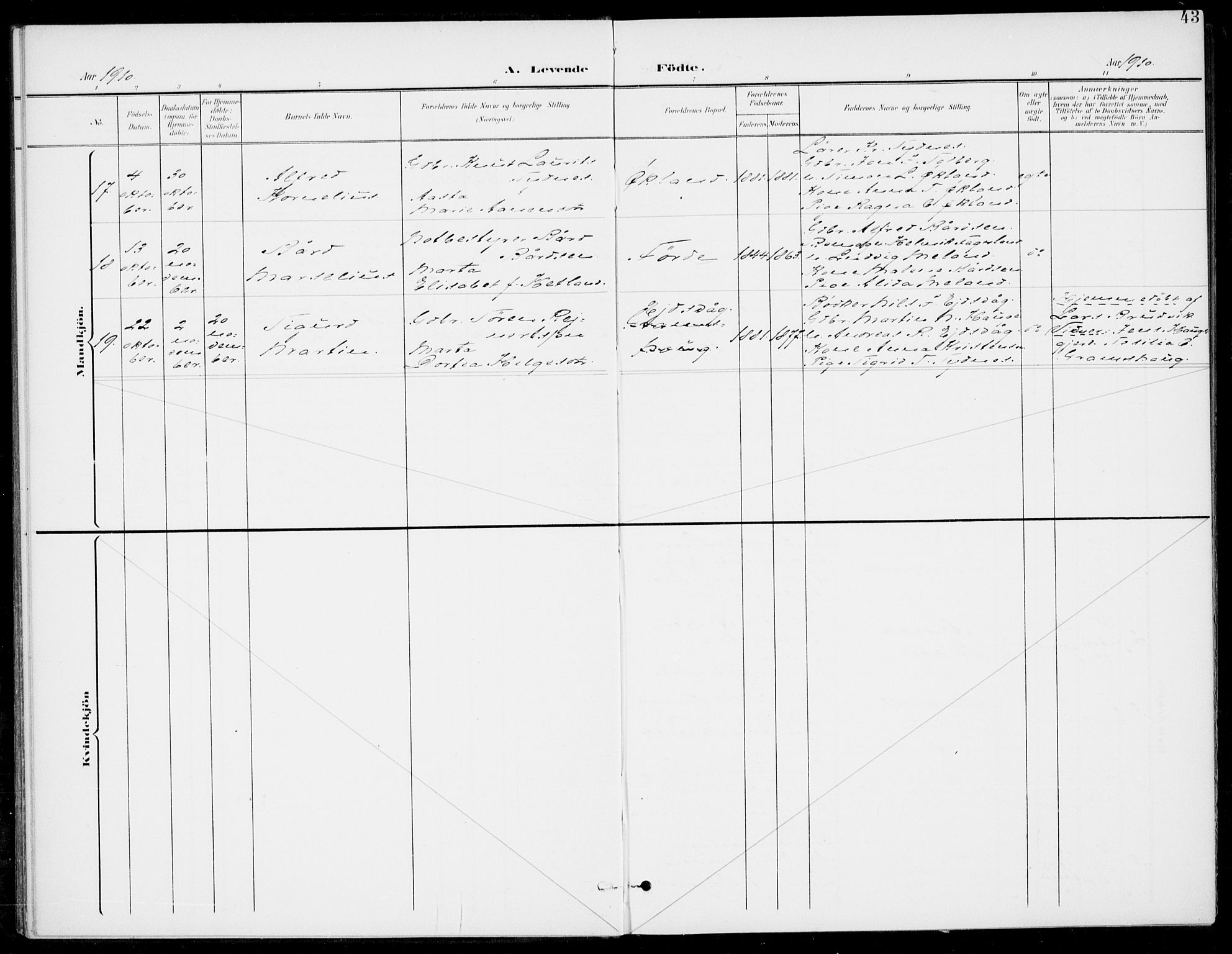 Sveio Sokneprestembete, AV/SAB-A-78501/H/Haa: Parish register (official) no. C 3, 1899-1916, p. 43