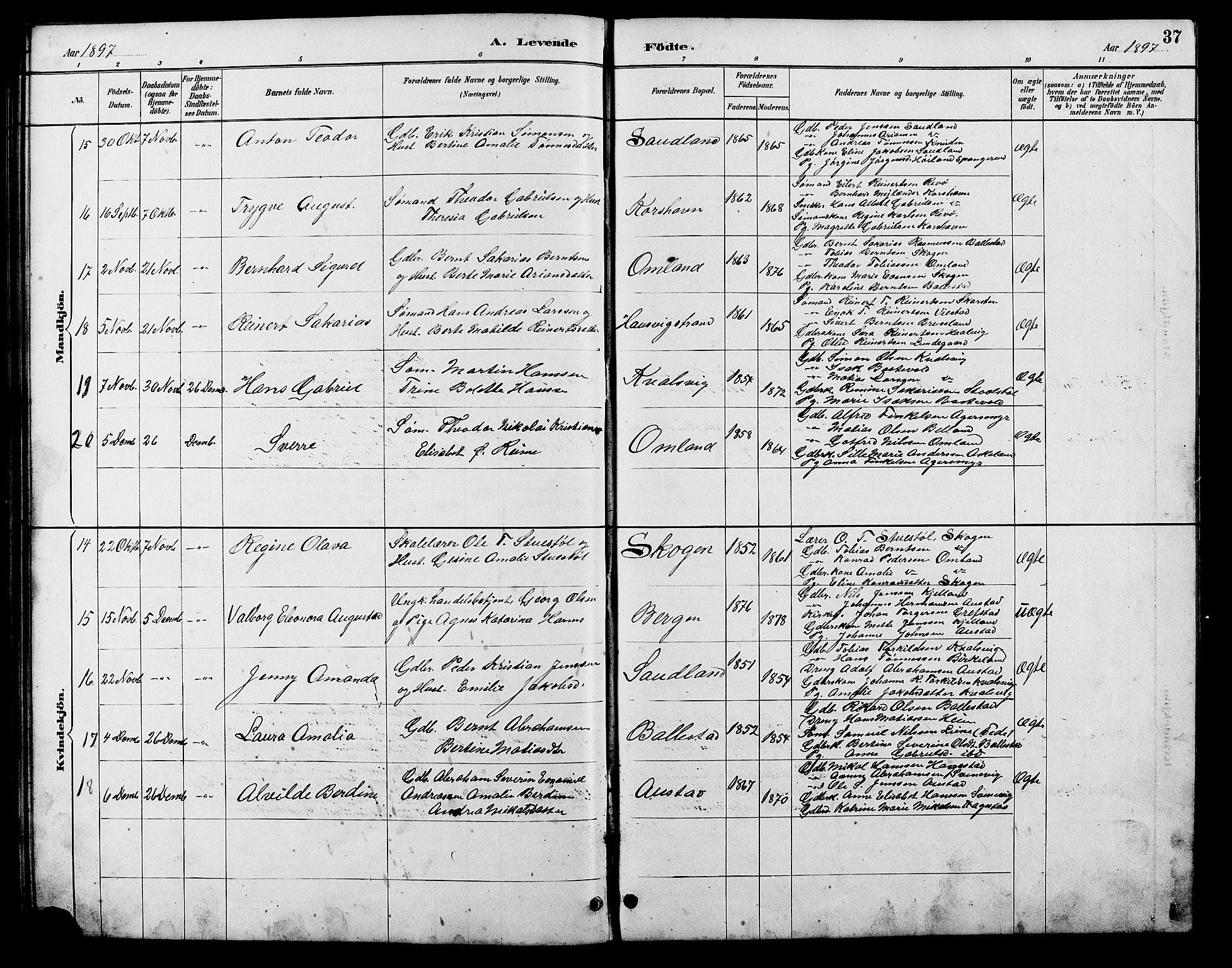 Lyngdal sokneprestkontor, SAK/1111-0029/F/Fb/Fba/L0003: Parish register (copy) no. B 3, 1886-1903, p. 37