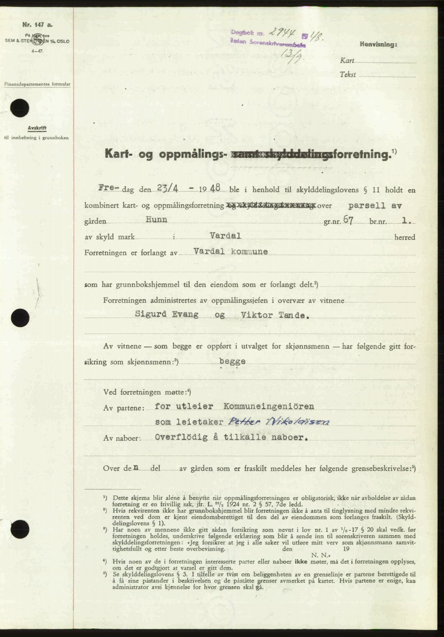 Toten tingrett, SAH/TING-006/H/Hb/Hbc/L0020: Mortgage book no. Hbc-20, 1948-1948, Diary no: : 2944/1948
