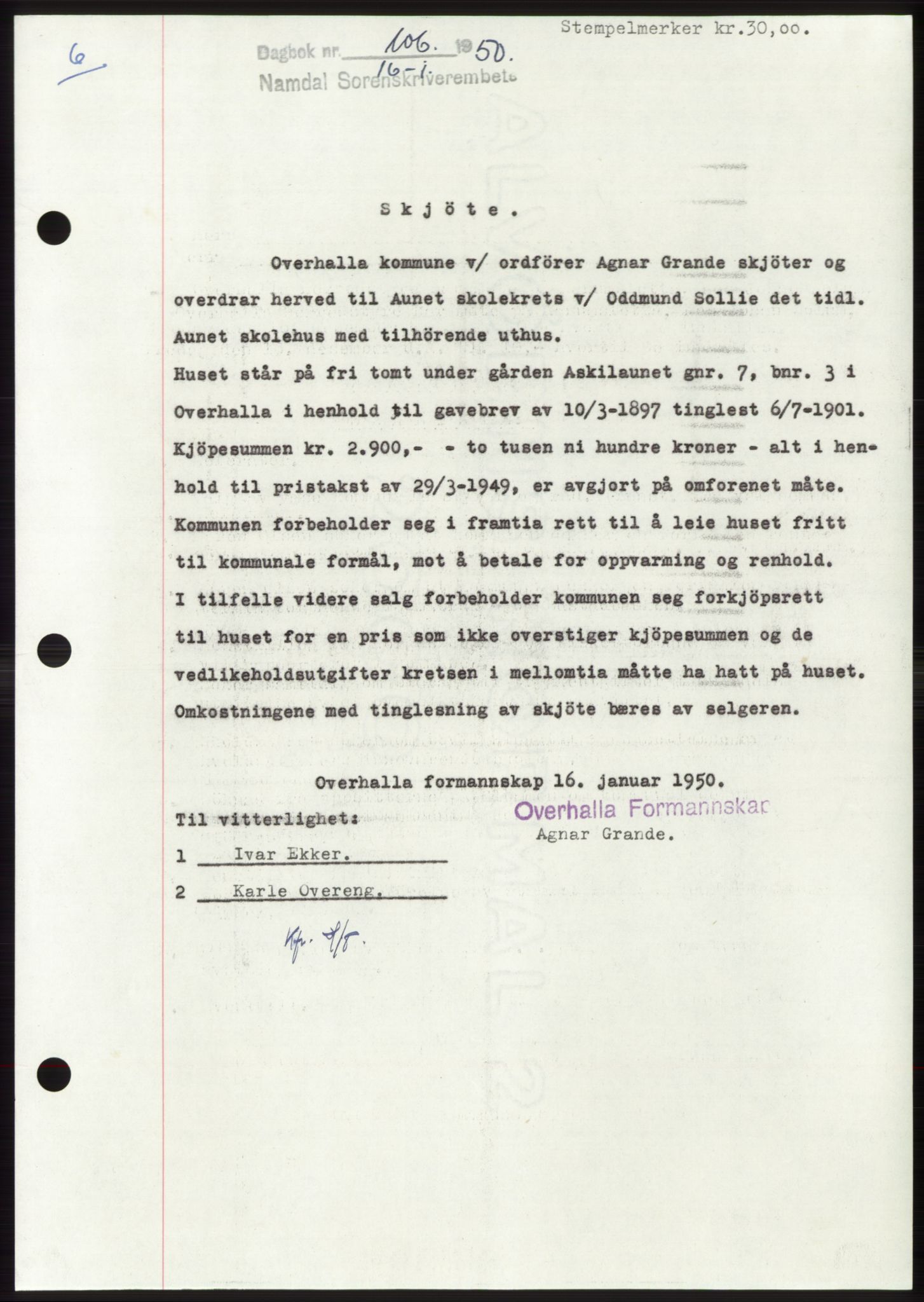 Namdal sorenskriveri, AV/SAT-A-4133/1/2/2C: Mortgage book no. -, 1950-1950, Diary no: : 106/1950