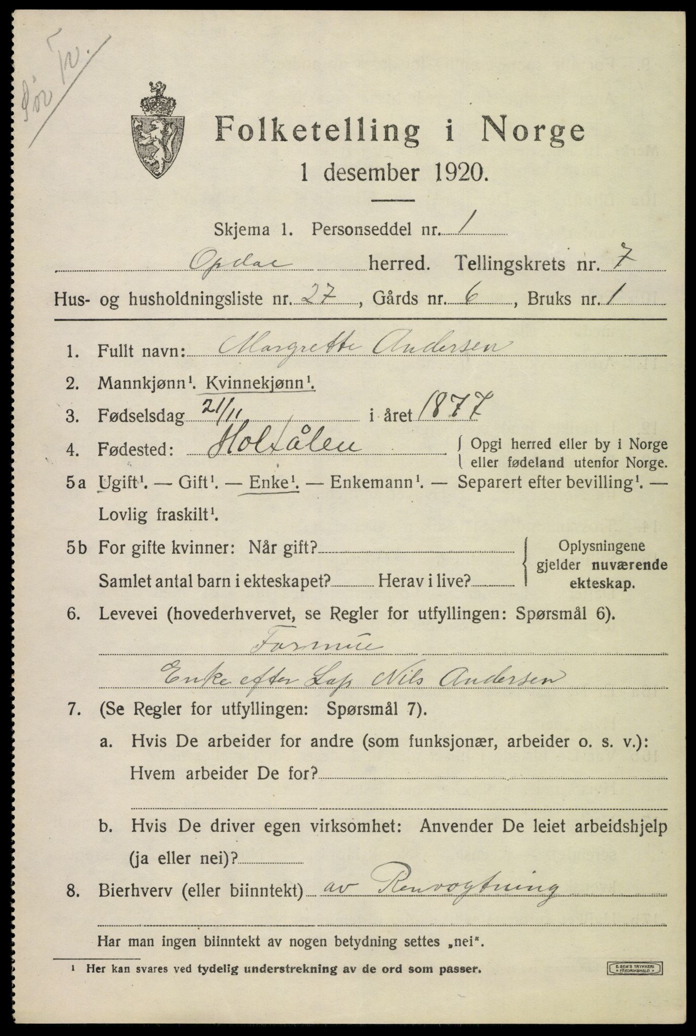 SAKO, 1920 census for Uvdal, 1920, p. 3069