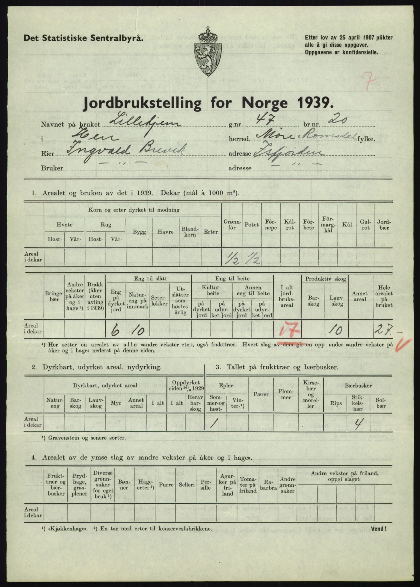 Statistisk sentralbyrå, Næringsøkonomiske emner, Jordbruk, skogbruk, jakt, fiske og fangst, AV/RA-S-2234/G/Gb/L0251: Møre og Romsdal: Voll, Eid, Grytten og Hen, 1939, p. 1121