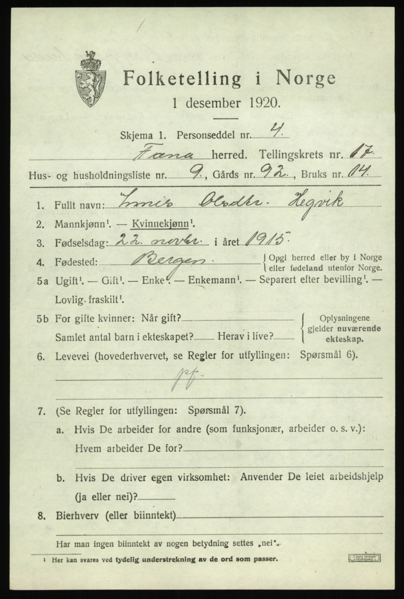 SAB, 1920 census for Fana, 1920, p. 22377