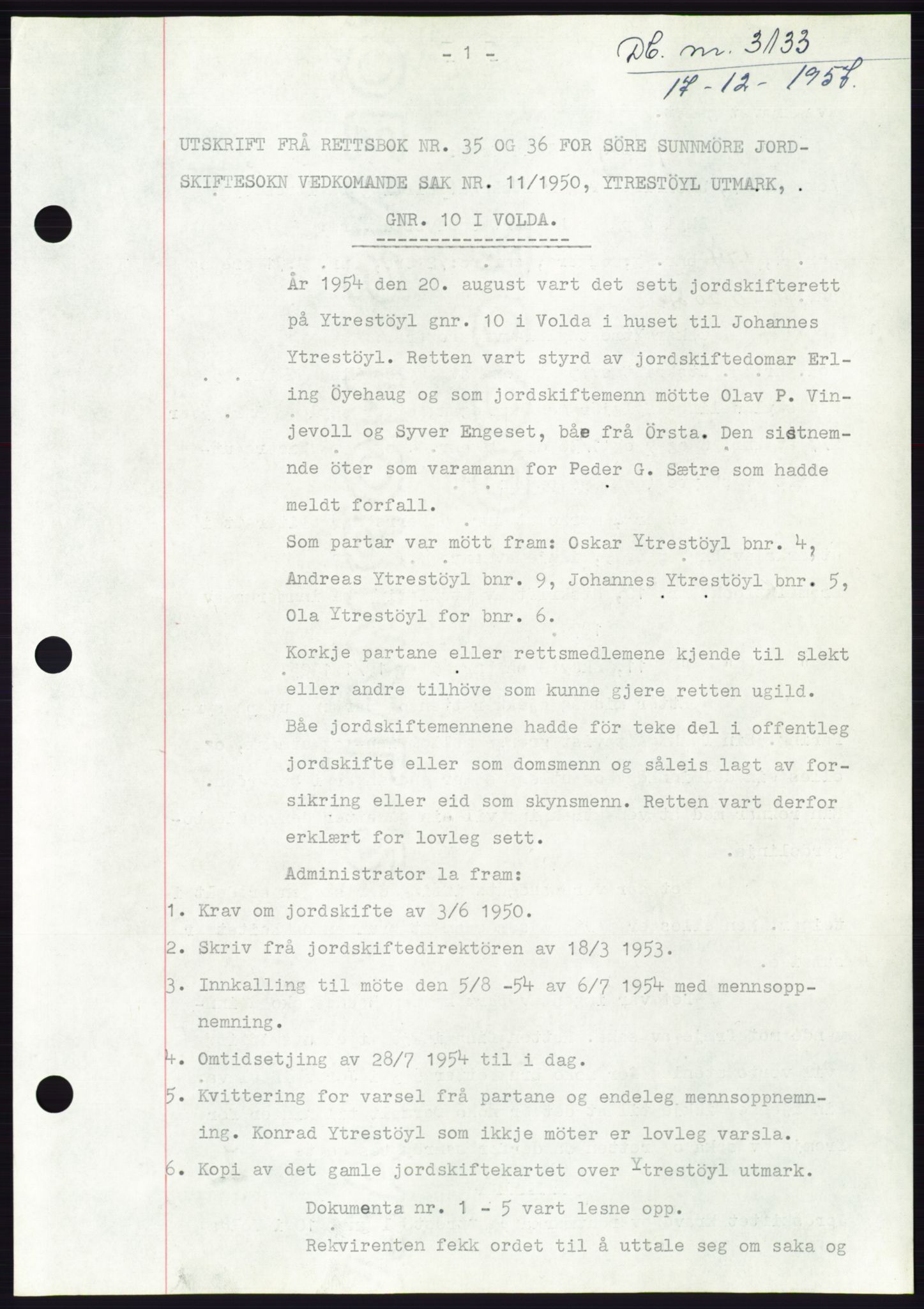 Søre Sunnmøre sorenskriveri, AV/SAT-A-4122/1/2/2C/L0108: Mortgage book no. 34A, 1957-1958, Diary no: : 3133/1957