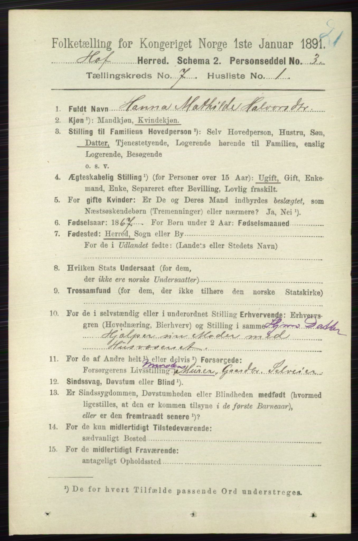 RA, 1891 census for 0714 Hof, 1891, p. 2427