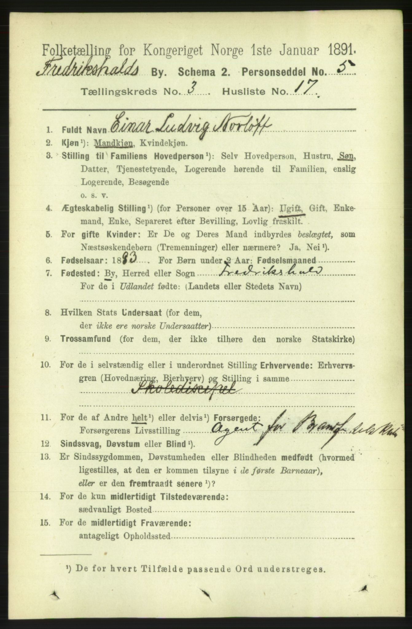 RA, 1891 census for 0101 Fredrikshald, 1891, p. 3426