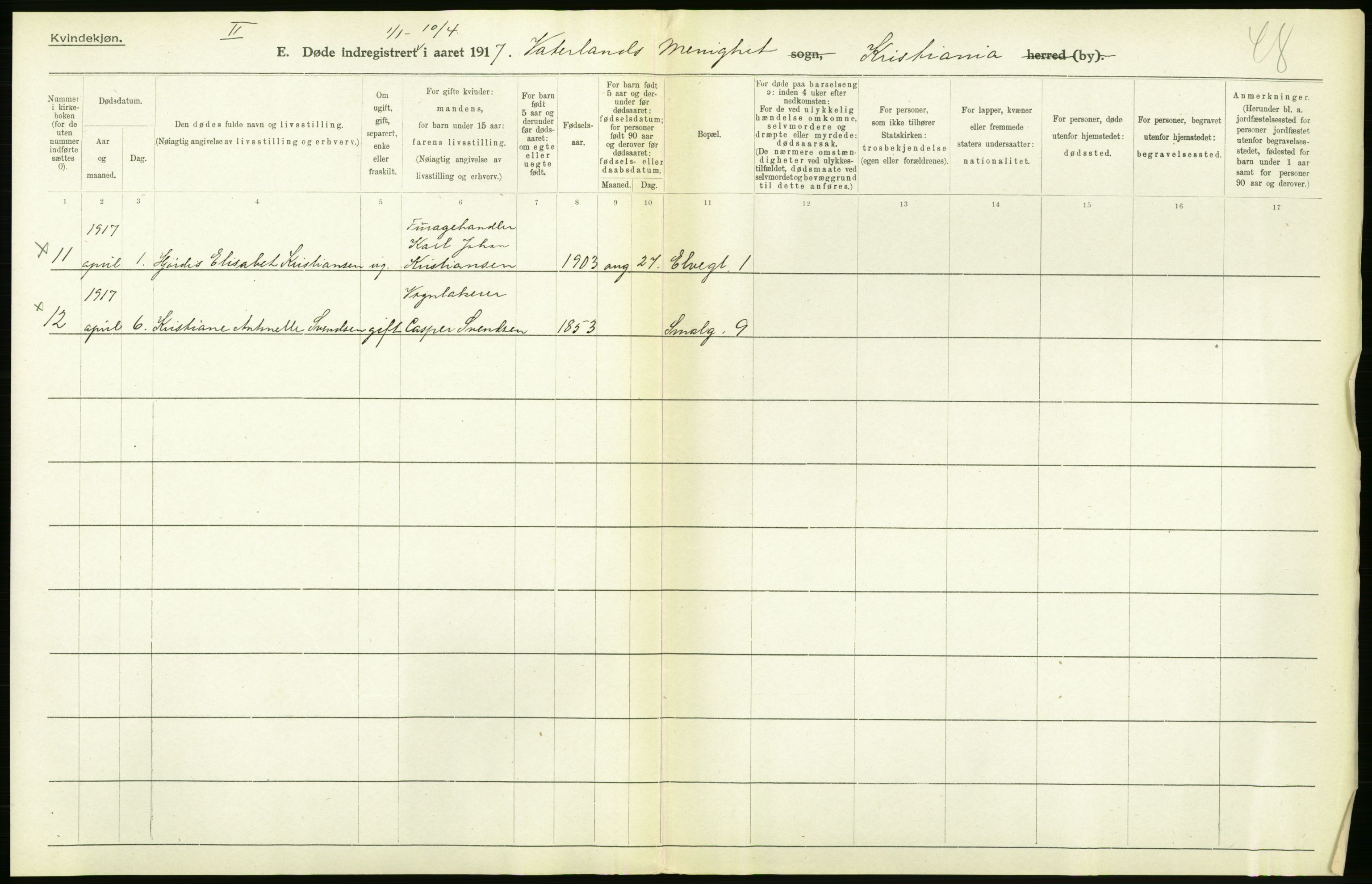 Statistisk sentralbyrå, Sosiodemografiske emner, Befolkning, RA/S-2228/D/Df/Dfb/Dfbg/L0011: Kristiania: Døde, dødfødte., 1917, p. 118