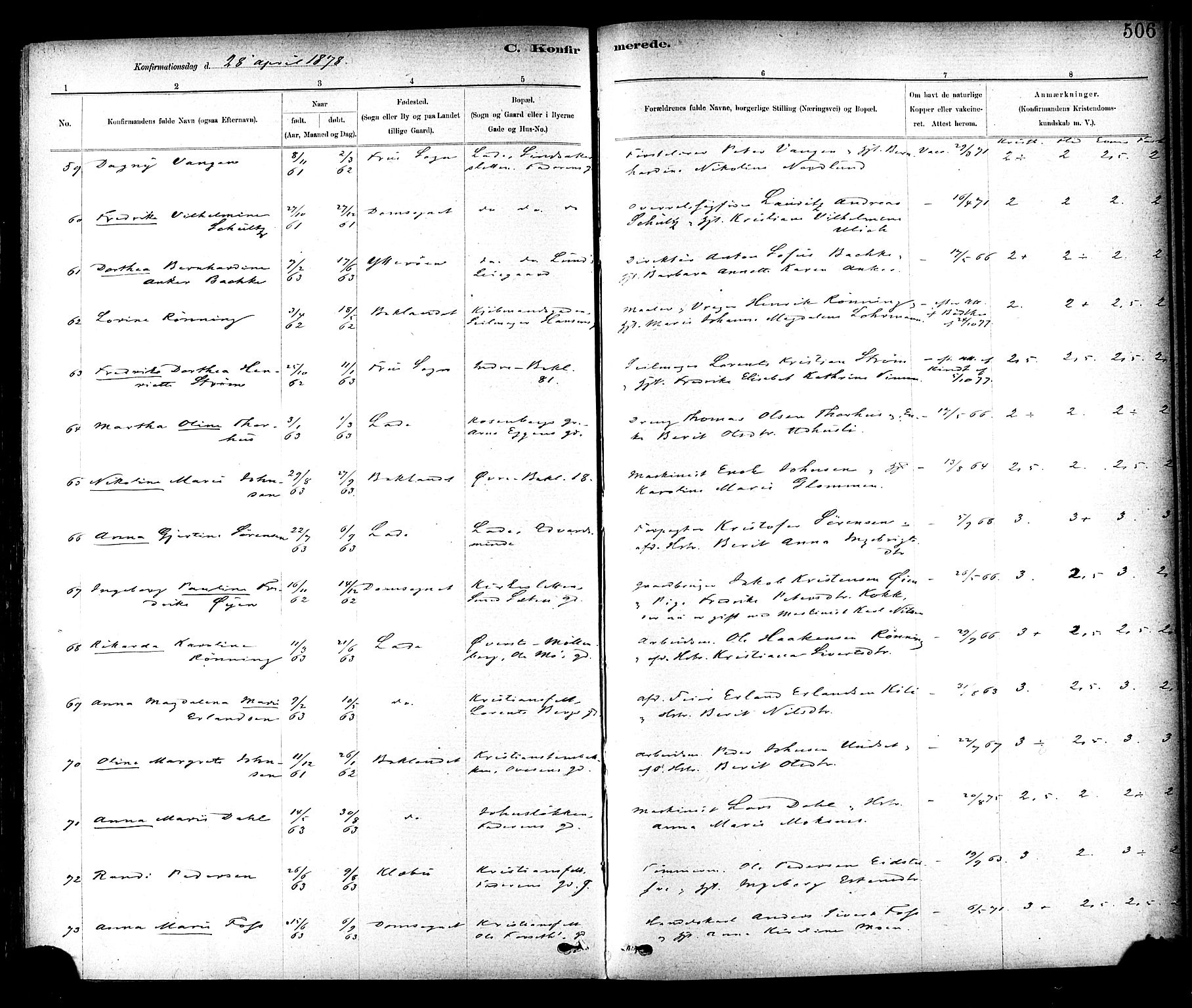 Ministerialprotokoller, klokkerbøker og fødselsregistre - Sør-Trøndelag, AV/SAT-A-1456/604/L0188: Parish register (official) no. 604A09, 1878-1892, p. 506