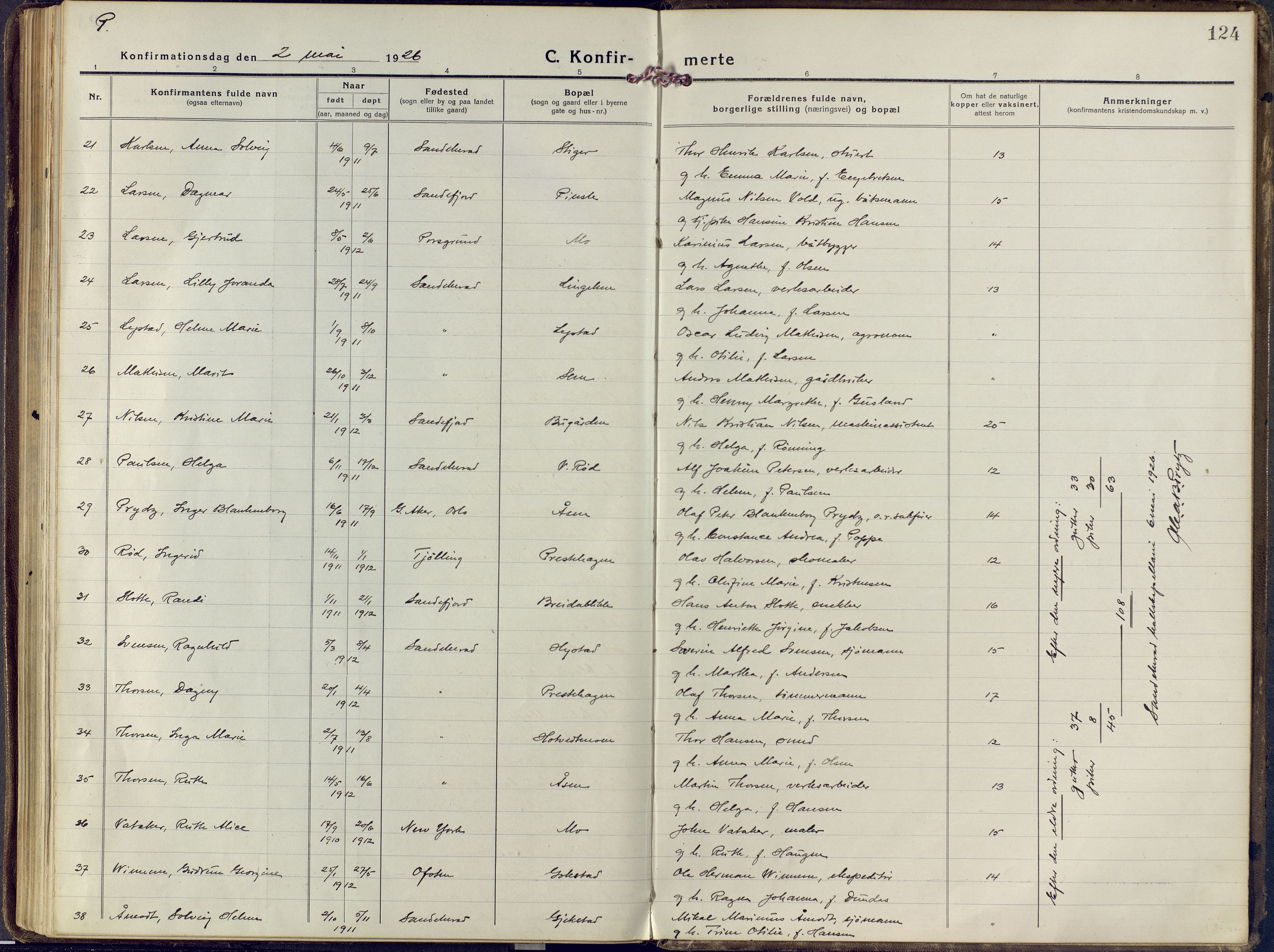 Sandar kirkebøker, SAKO/A-243/F/Fa/L0018: Parish register (official) no. 18, 1917-1926, p. 124