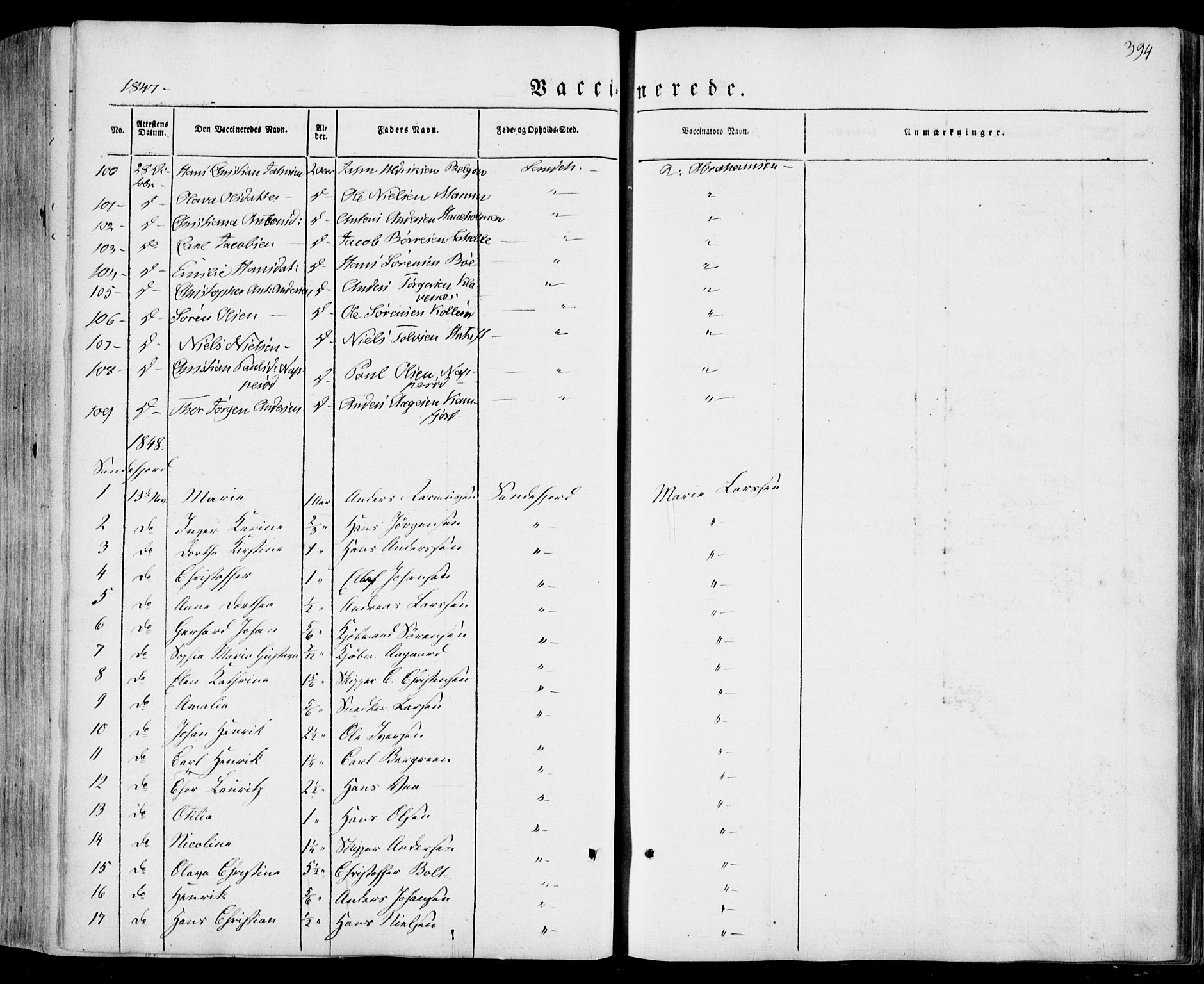 Sandar kirkebøker, SAKO/A-243/F/Fa/L0006: Parish register (official) no. 6, 1847-1860, p. 394