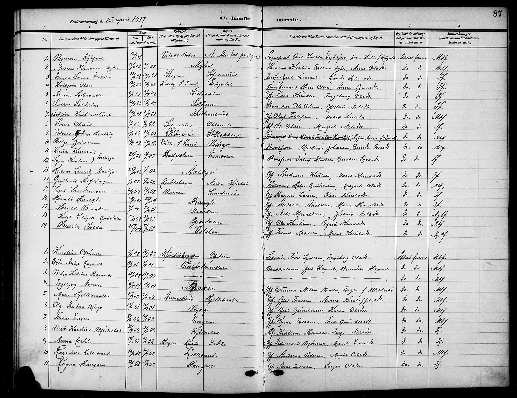 Nord-Aurdal prestekontor, AV/SAH-PREST-132/H/Ha/Hab/L0012: Parish register (copy) no. 12, 1907-1920, p. 87