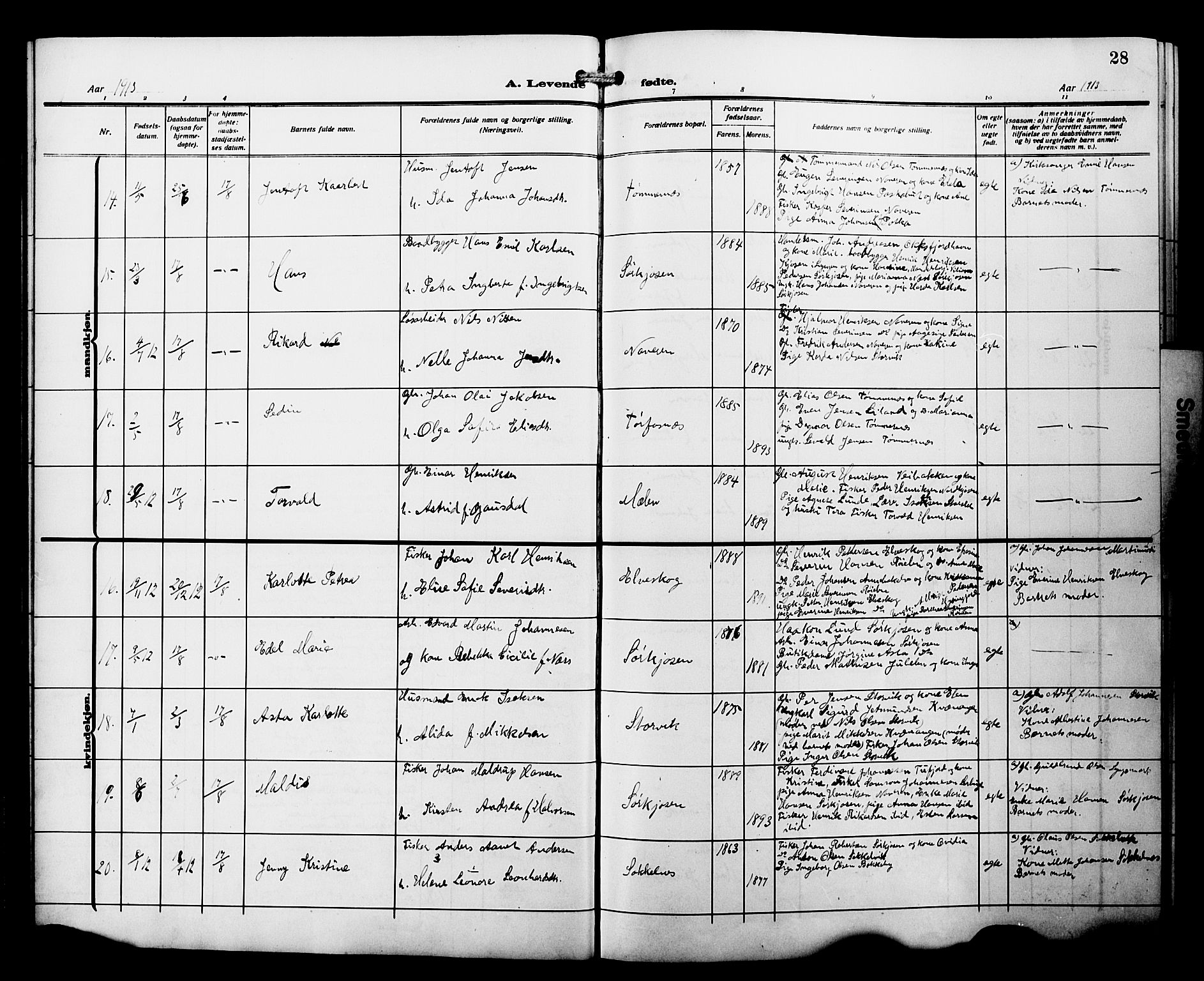 Skjervøy sokneprestkontor, AV/SATØ-S-1300/H/Ha/Hab/L0022klokker: Parish register (copy) no. 22, 1910-1926, p. 28