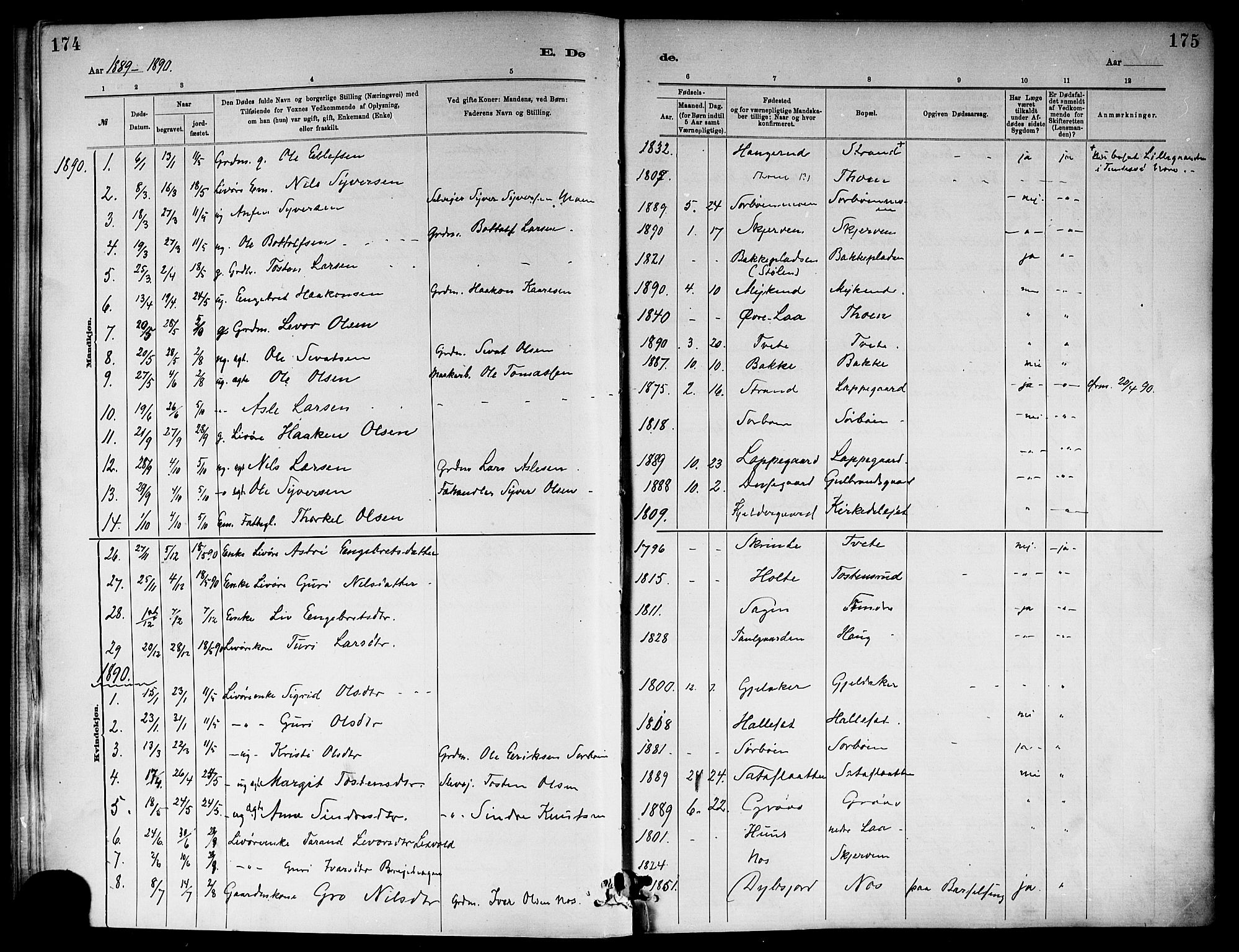 Ål kirkebøker, SAKO/A-249/F/Fa/L0008: Parish register (official) no. I 8, 1882-1896, p. 174
