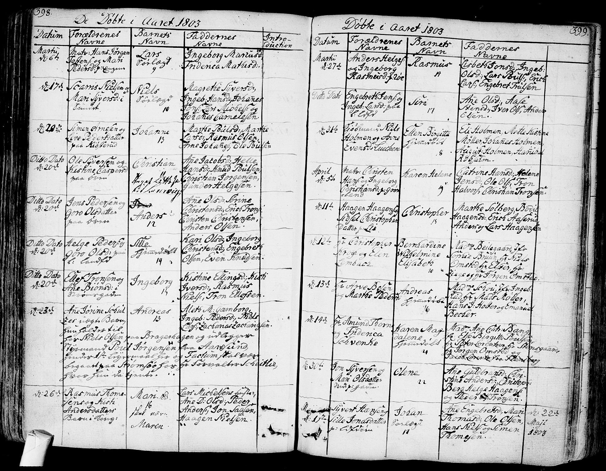 Bragernes kirkebøker, SAKO/A-6/F/Fa/L0006a: Parish register (official) no. I 6, 1782-1814, p. 398-399