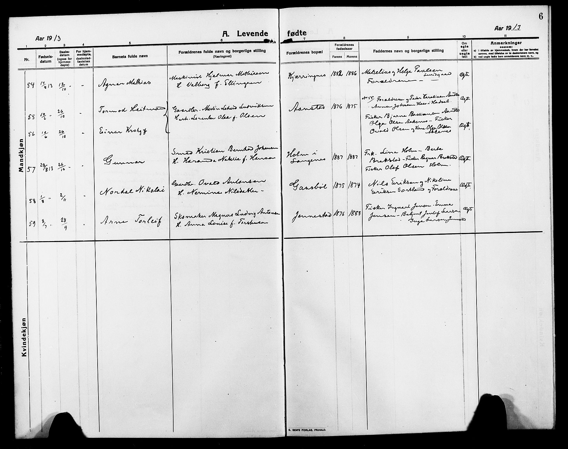 Ministerialprotokoller, klokkerbøker og fødselsregistre - Nordland, AV/SAT-A-1459/895/L1383: Parish register (copy) no. 895C05, 1913-1922, p. 6