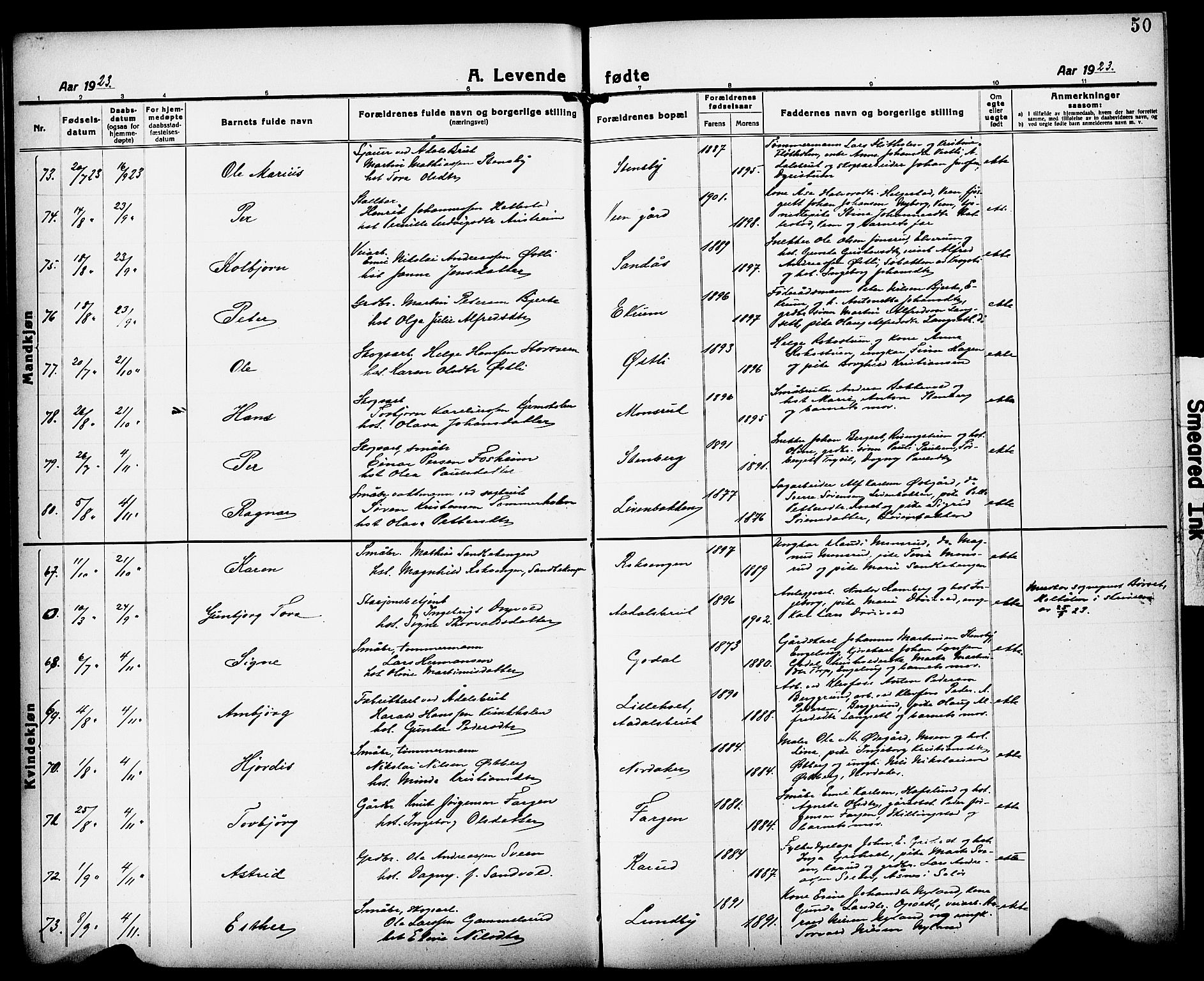 Løten prestekontor, AV/SAH-PREST-022/L/La/L0008: Parish register (copy) no. 8, 1920-1929, p. 50