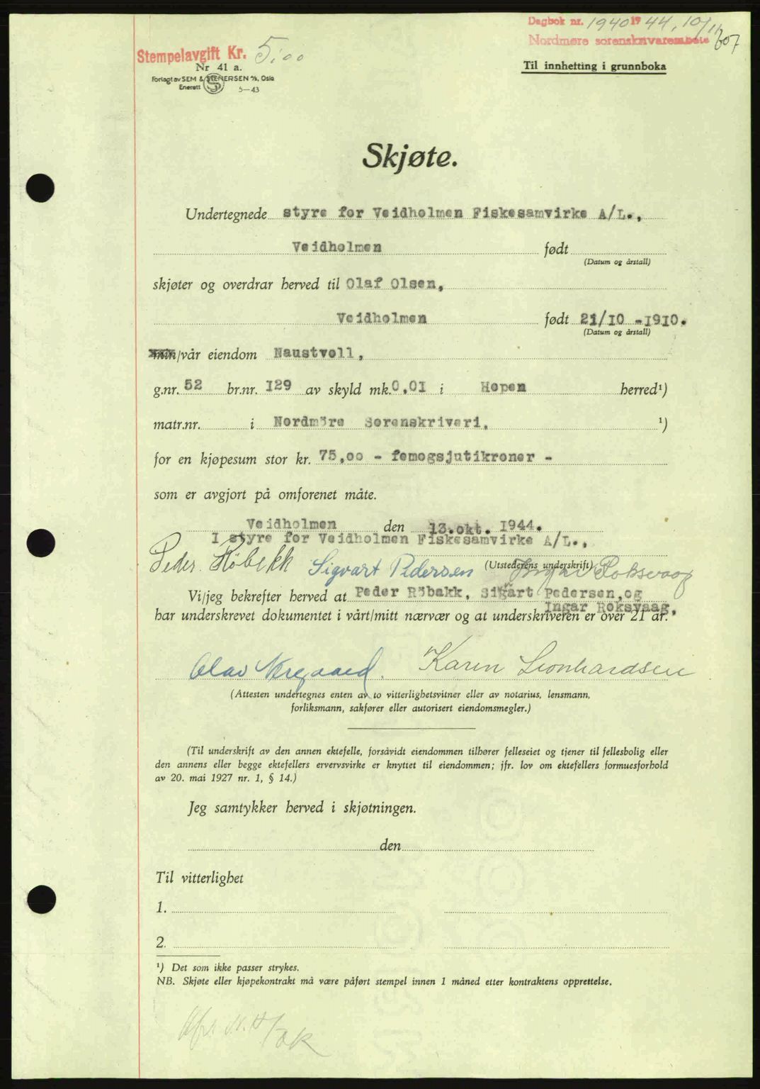 Nordmøre sorenskriveri, AV/SAT-A-4132/1/2/2Ca: Mortgage book no. A98, 1944-1944, Diary no: : 1940/1944