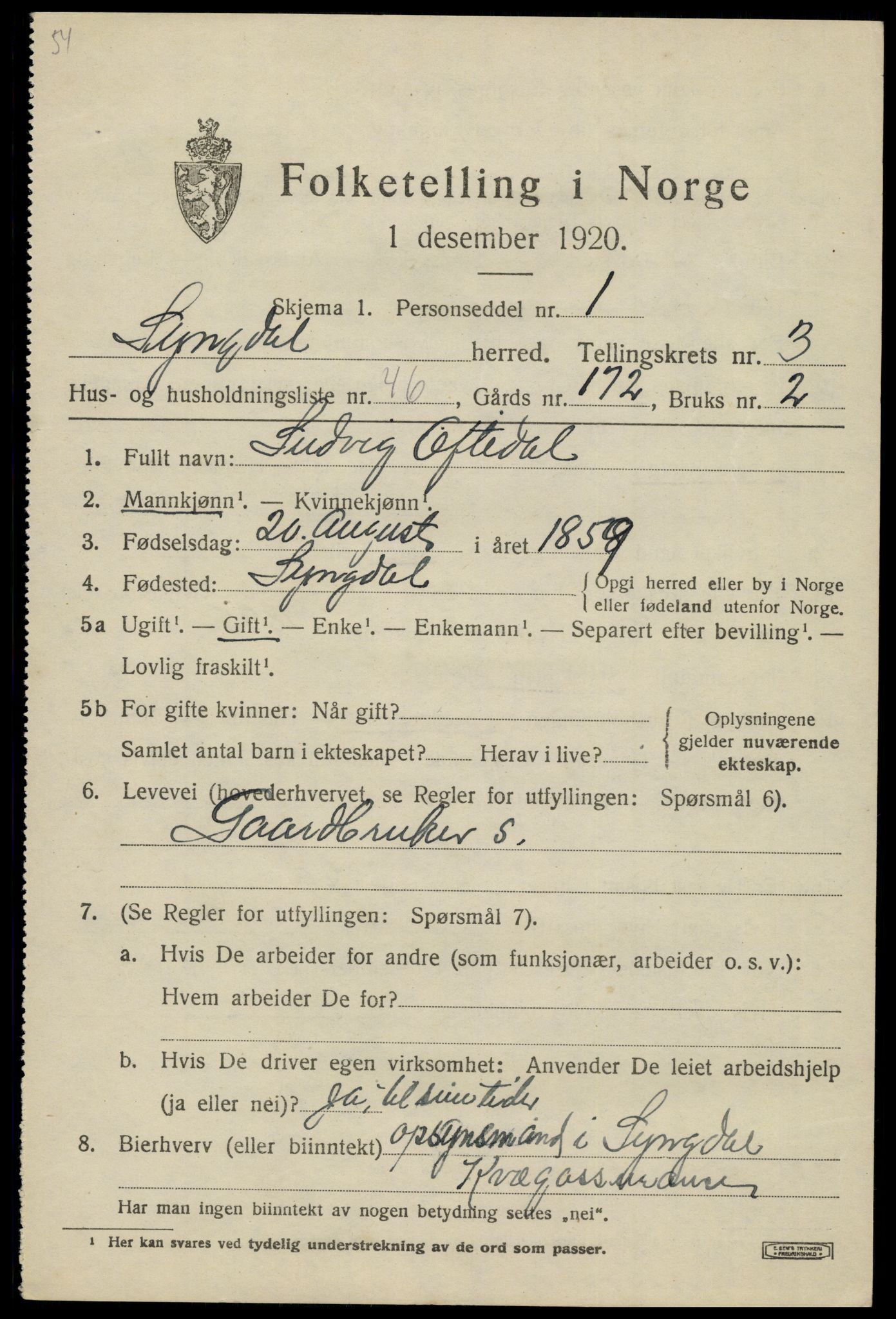 SAK, 1920 census for Lyngdal, 1920, p. 2289