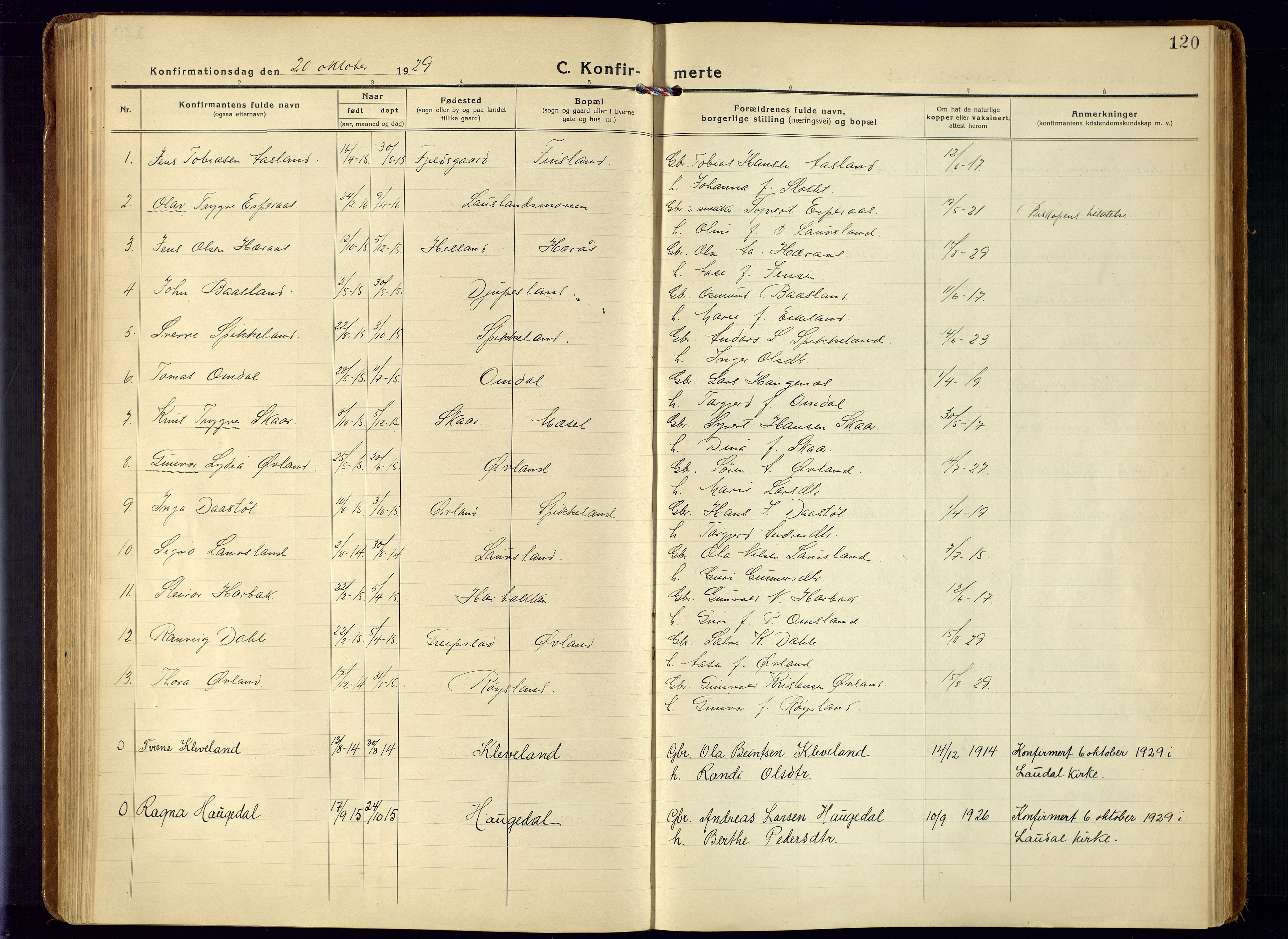Bjelland sokneprestkontor, SAK/1111-0005/F/Fa/Fab/L0005: Parish register (official) no. A 5, 1921-1951, p. 120