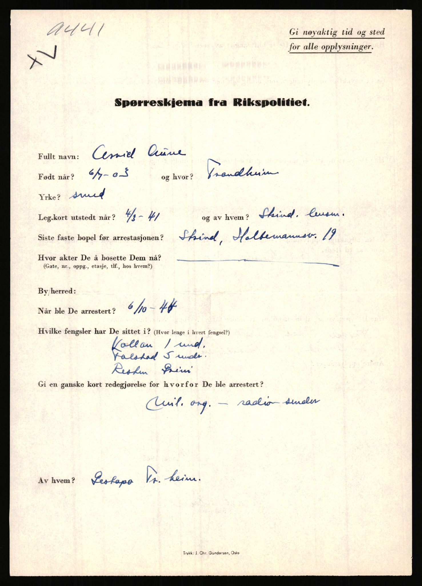 Rikspolitisjefen, AV/RA-S-1560/L/L0001: Abelseth, Rudolf - Berentsen, Odd, 1940-1945, p. 971