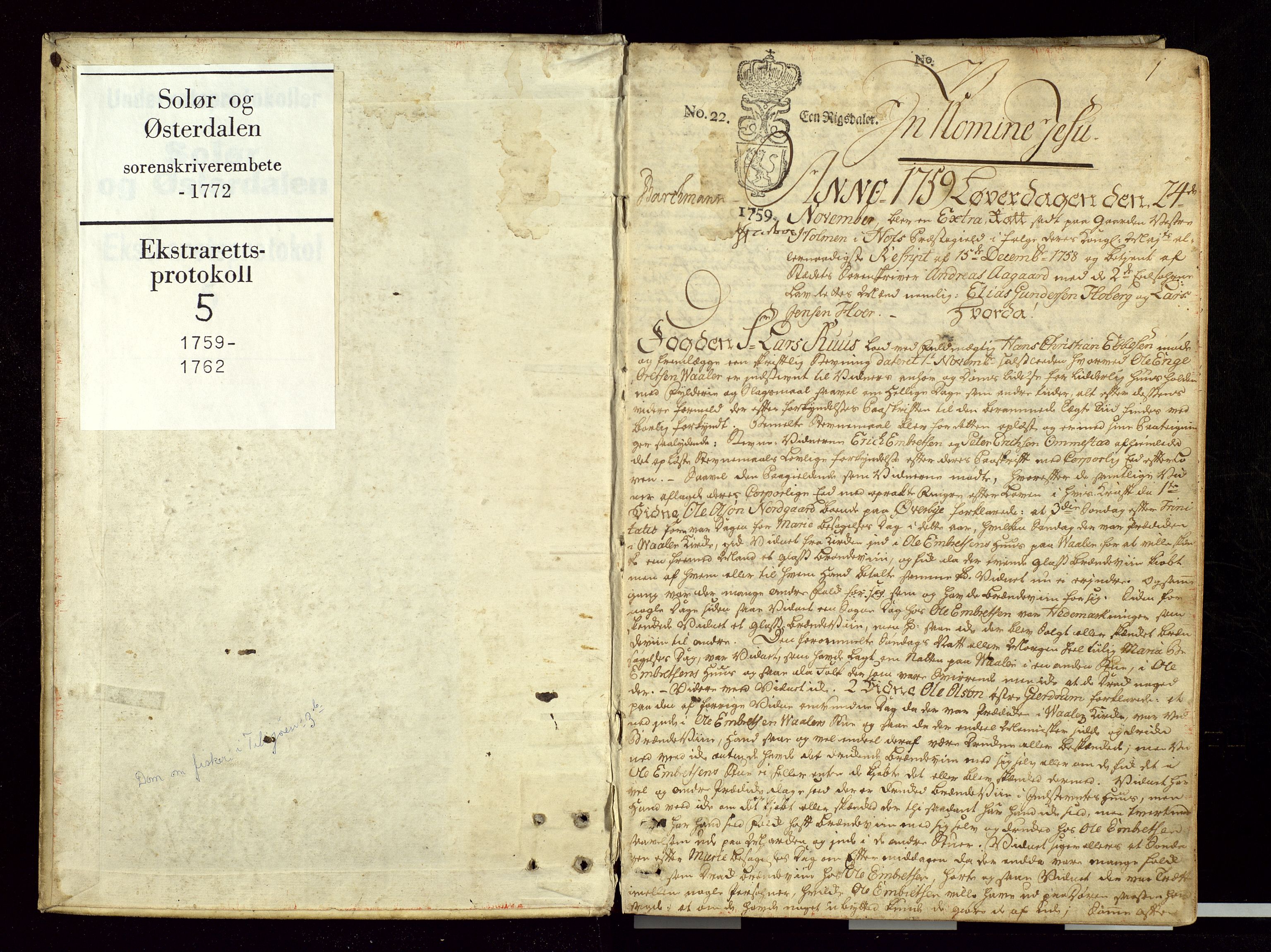 Solør og Østerdalen sorenskriveri, SAH/TING-024/G/Gc/L0005: Ekstrarettsprotokoll, 1759-1762, p. 1